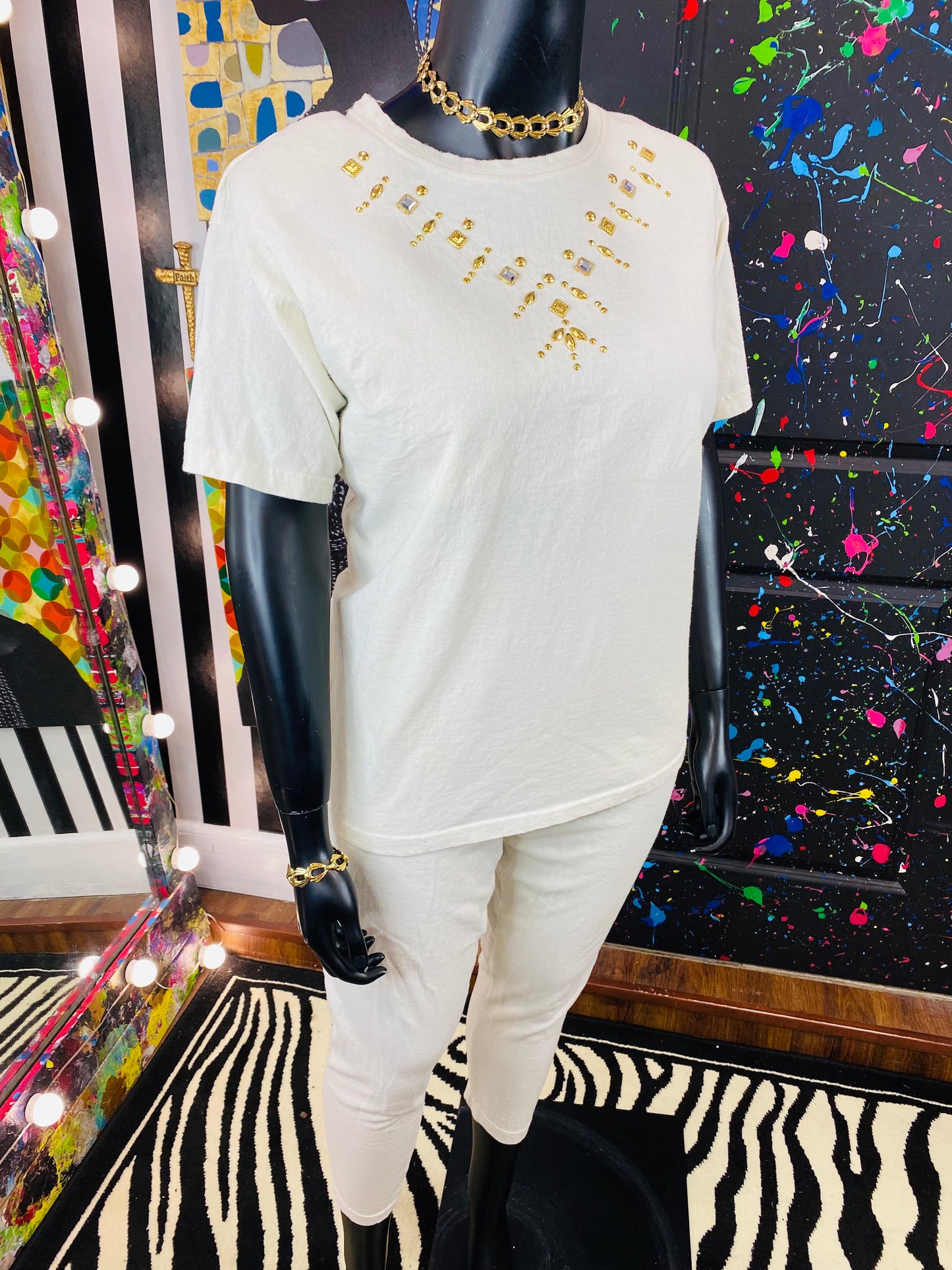 Vintage Cream Colored Gold Studded Pants Set