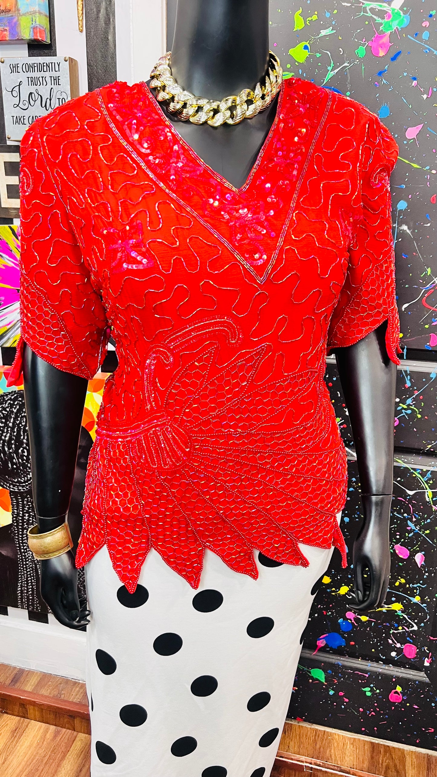 Vintage 100% Silk Red Sequin Blouse (24)