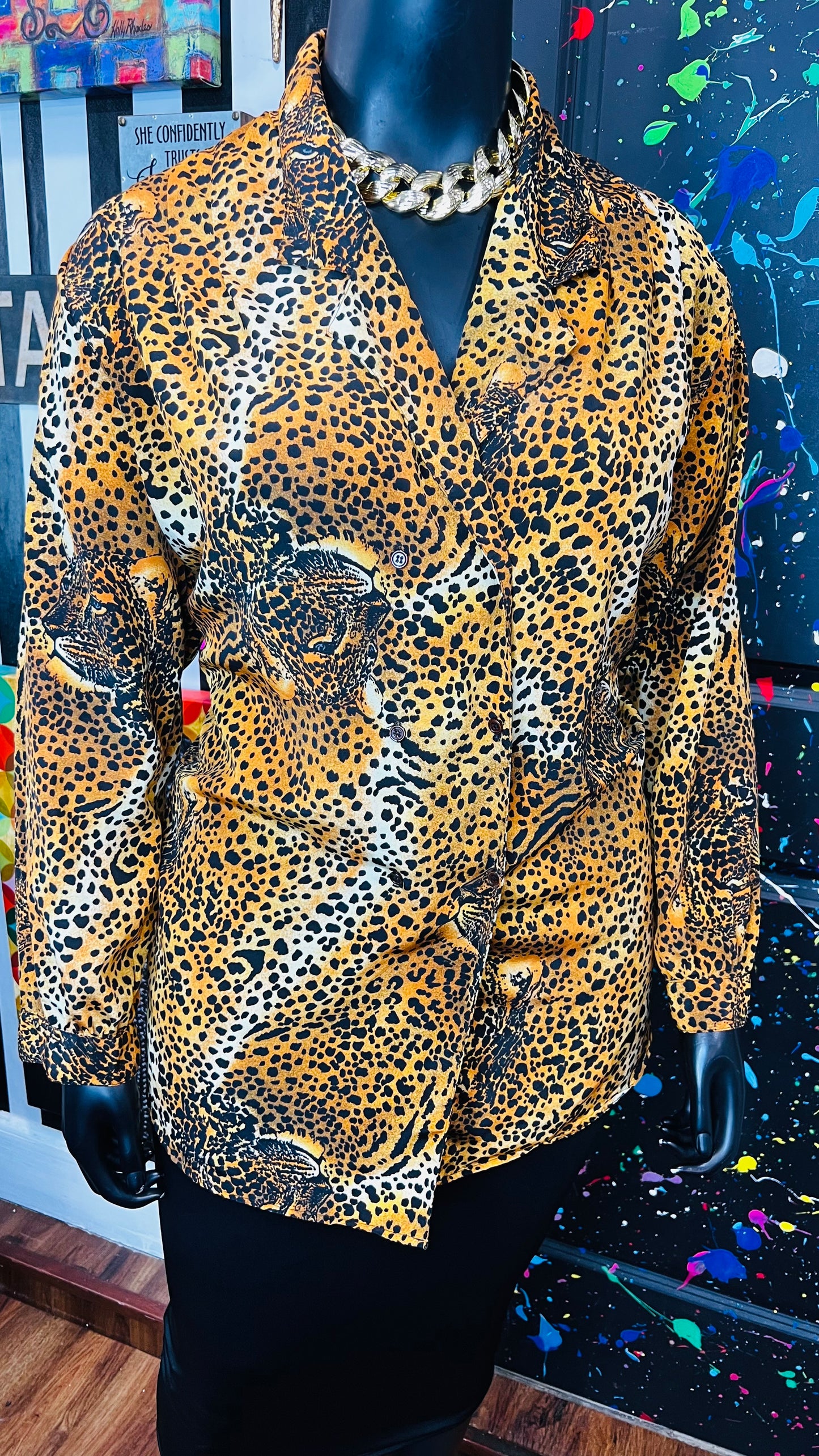 Vintage Dounle Breasted Leopard Print Blouse
