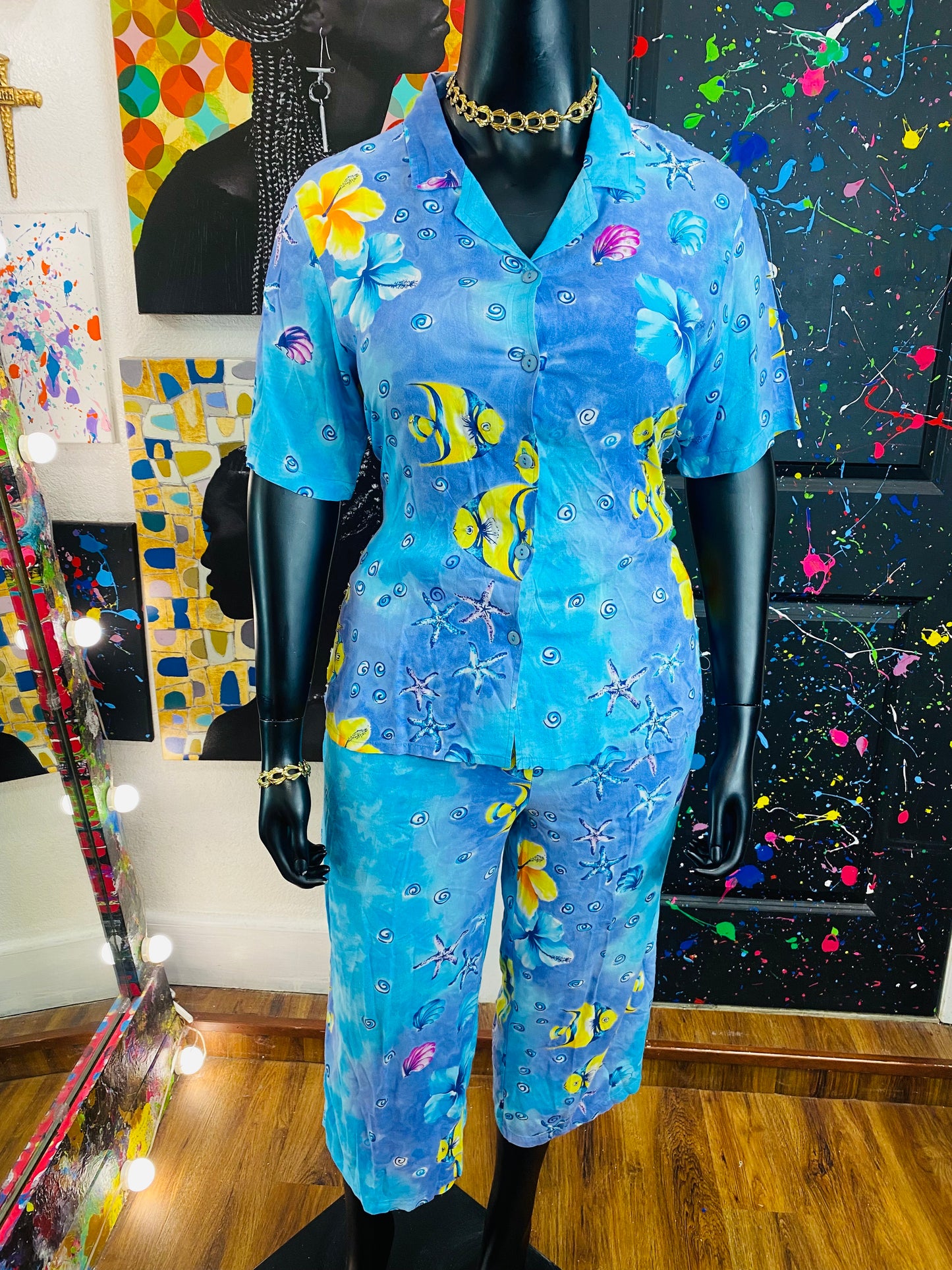 Vintage 2pc  Aqua & Studded Gauchos Set