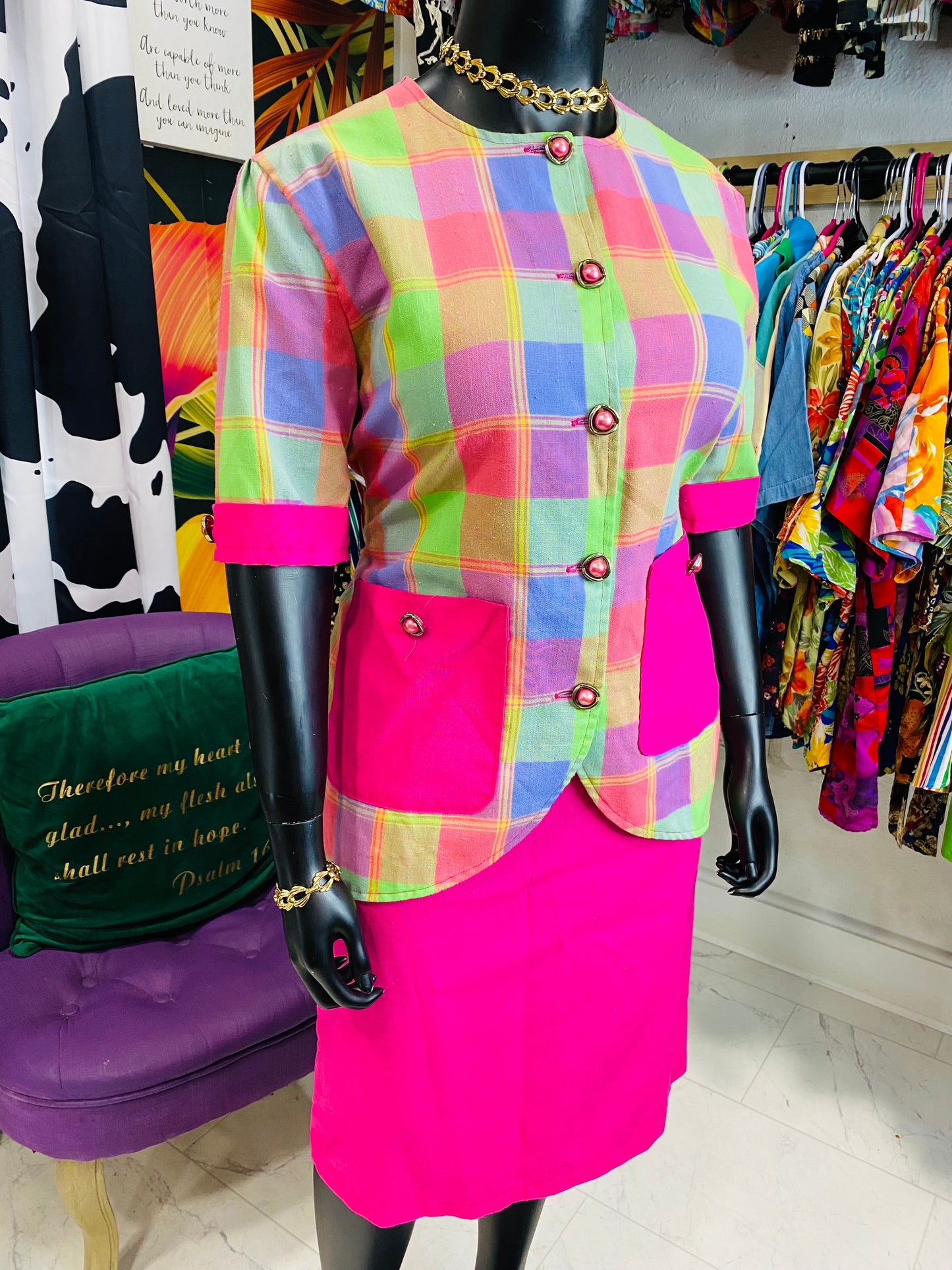 Vintage Plaid & Pink Skirt Set