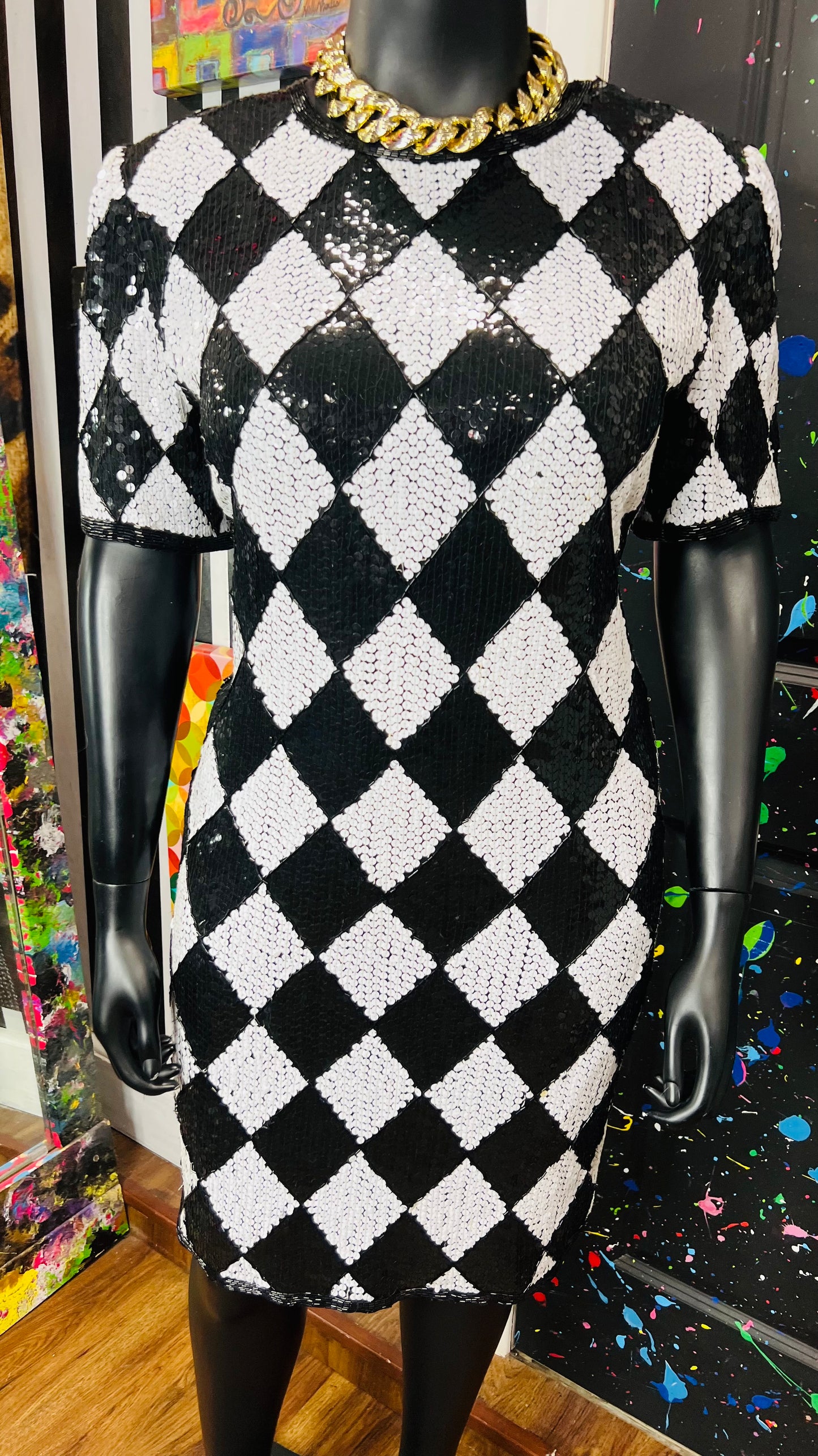 Vintage Black & White 100% Silk Sequin Dress (14)