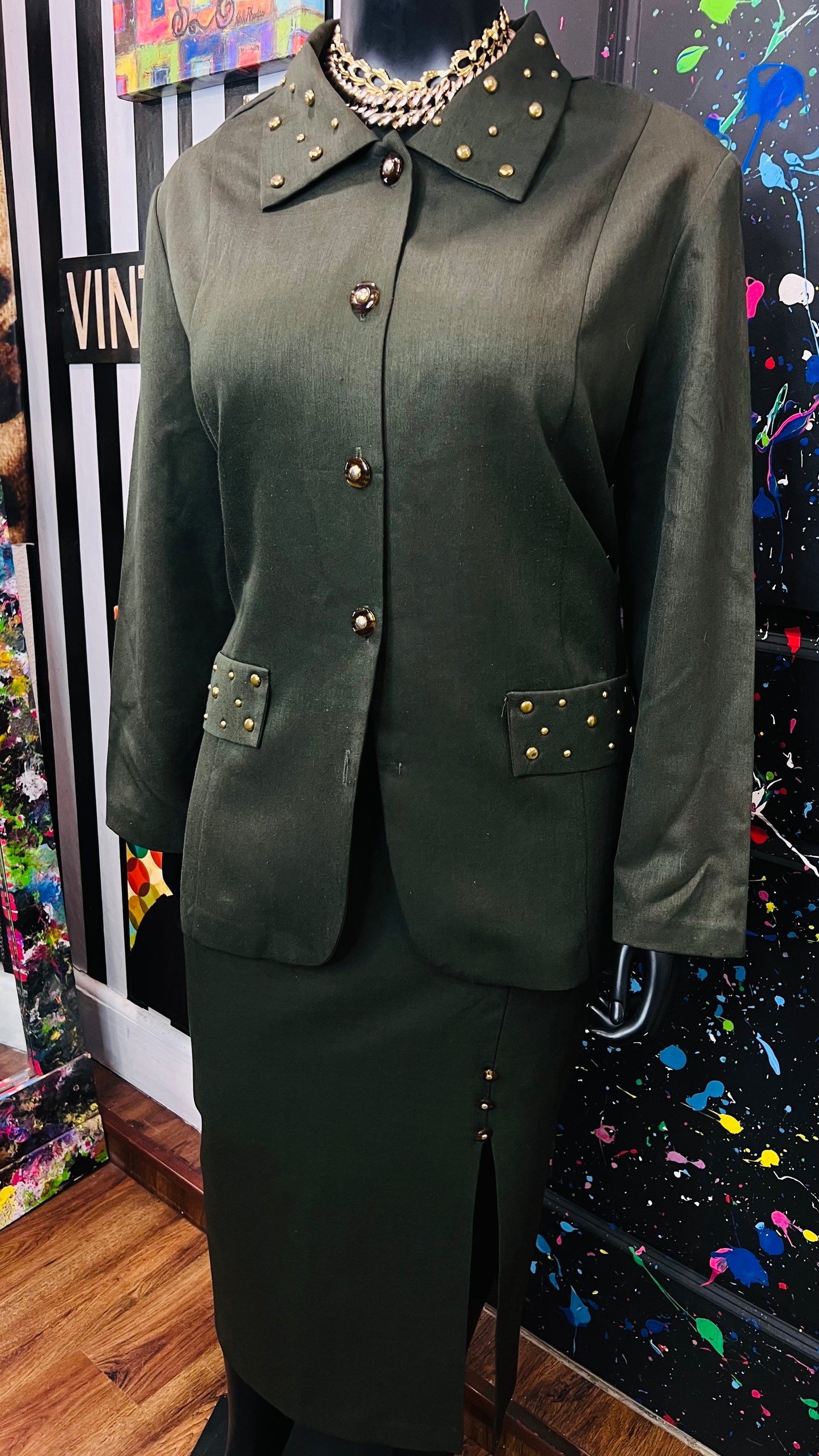 Vintage Army Green Studded Skirt Set (24W)