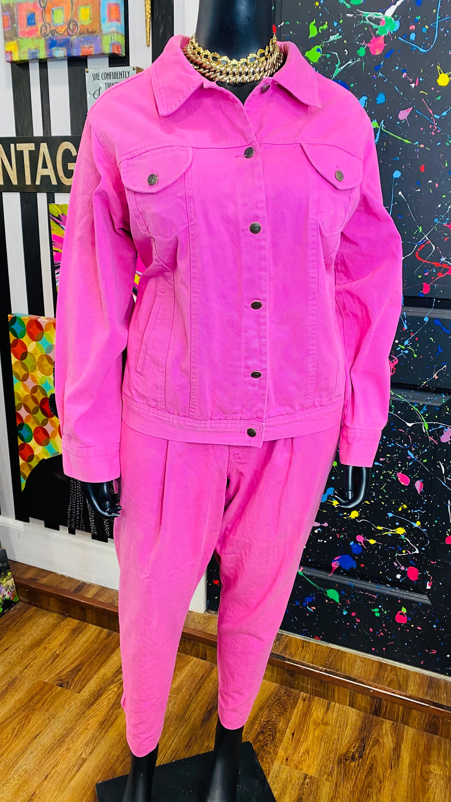 Vintage 90’s Red Denim Set- Pink Jeans & Denim Jacket (26W)