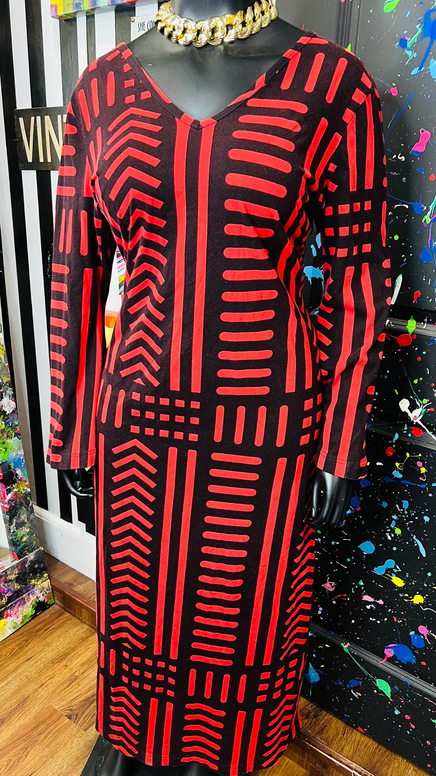 Vintage Cotton Tribal Black & Red Dress (18/20)