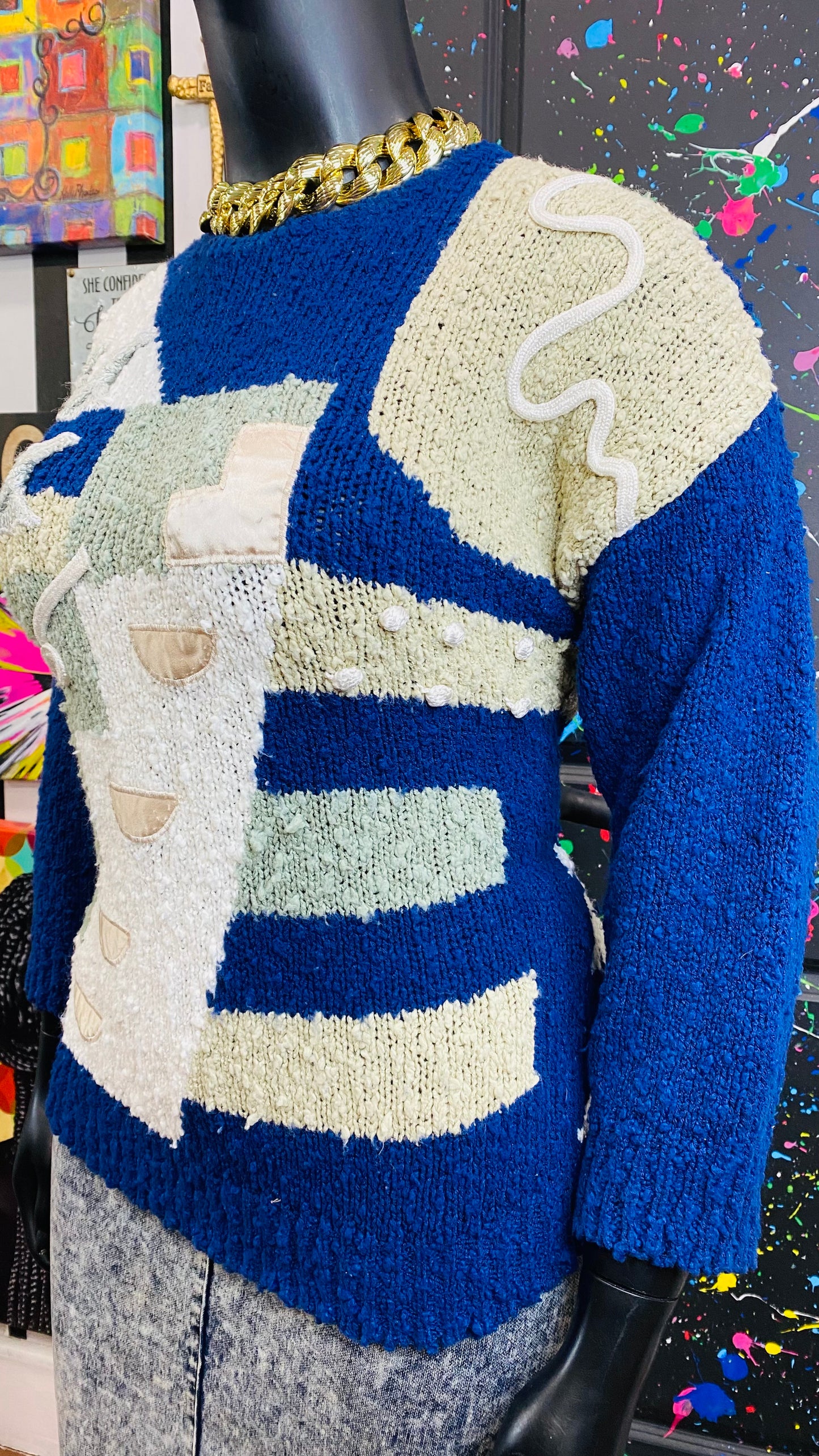 Vintage Abstract Navy Blue White & Beige Sweater (18)