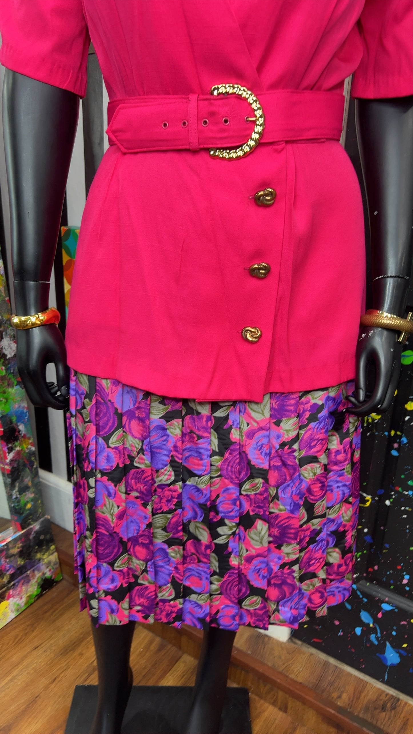 Vintage Pink & Floral Pleated Bottom Dress (18W)