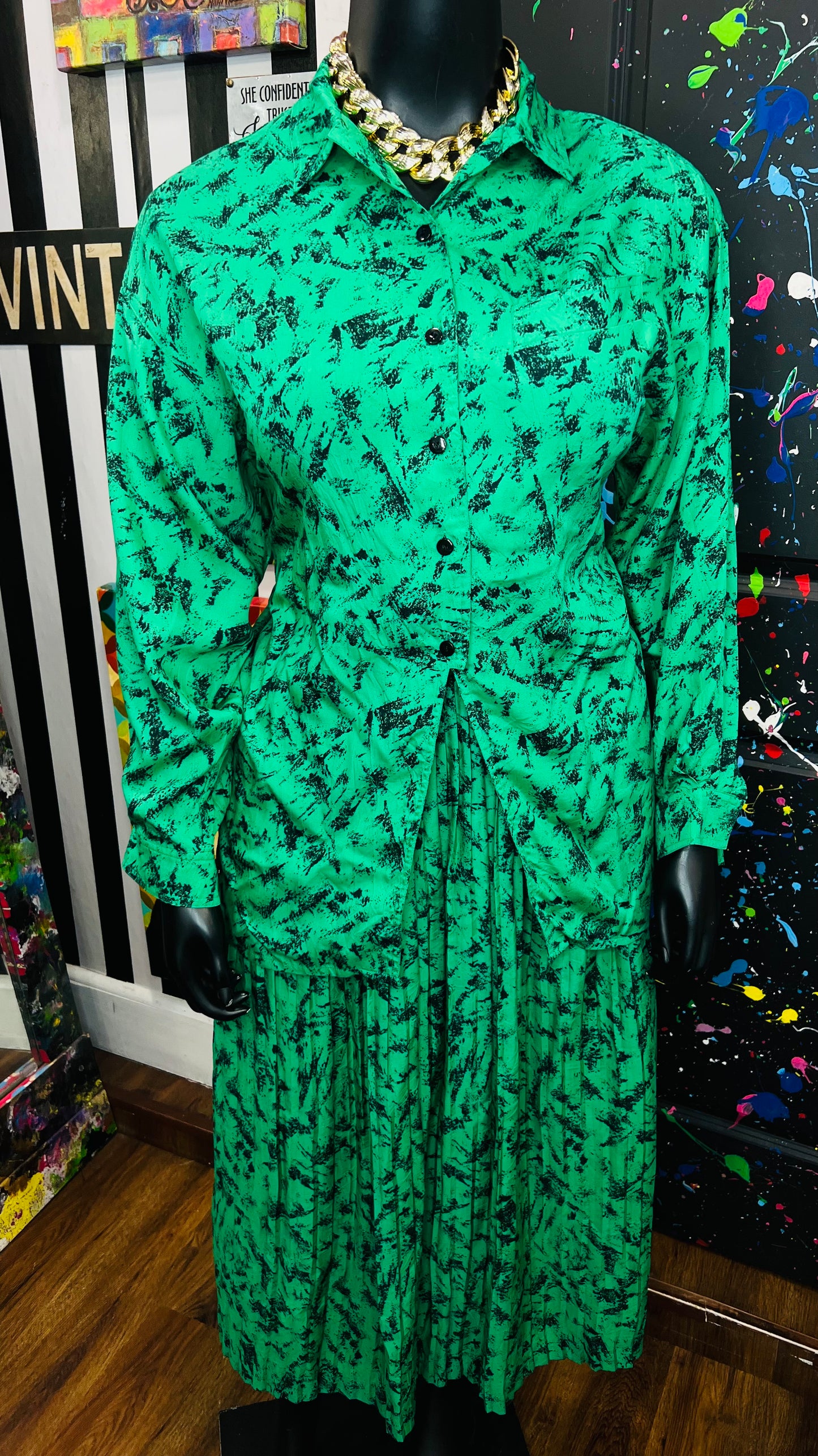 Vintage Green & Black Abstract Skirt Set (16/18)