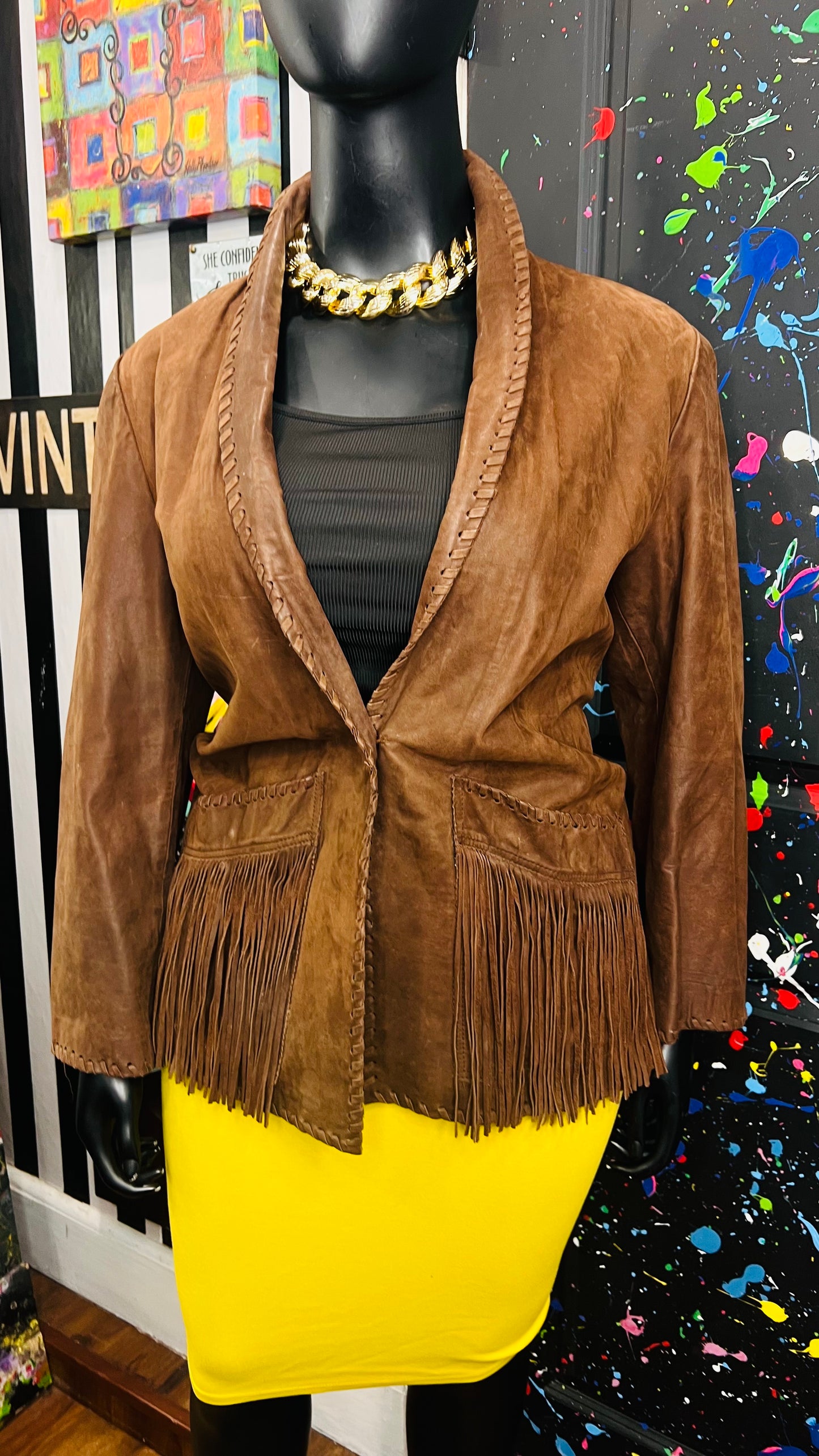 Vintage Genuine Leather Brown Fringe Blazer (18)