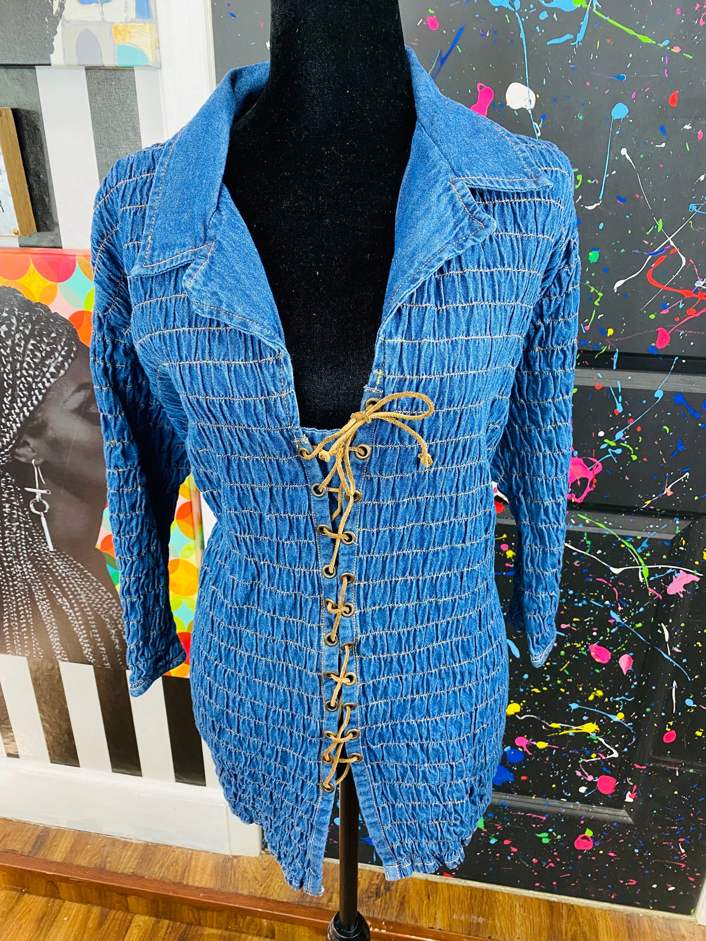 Vintage Denim Stretch Long Sleeve Blouse