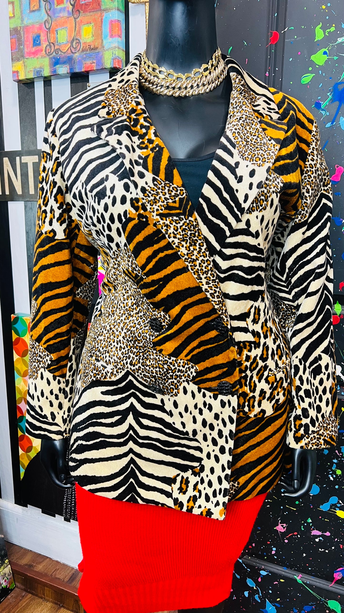 Vintage Faux Fur Mix Animal Print Double Breasted Blazer
(20W)