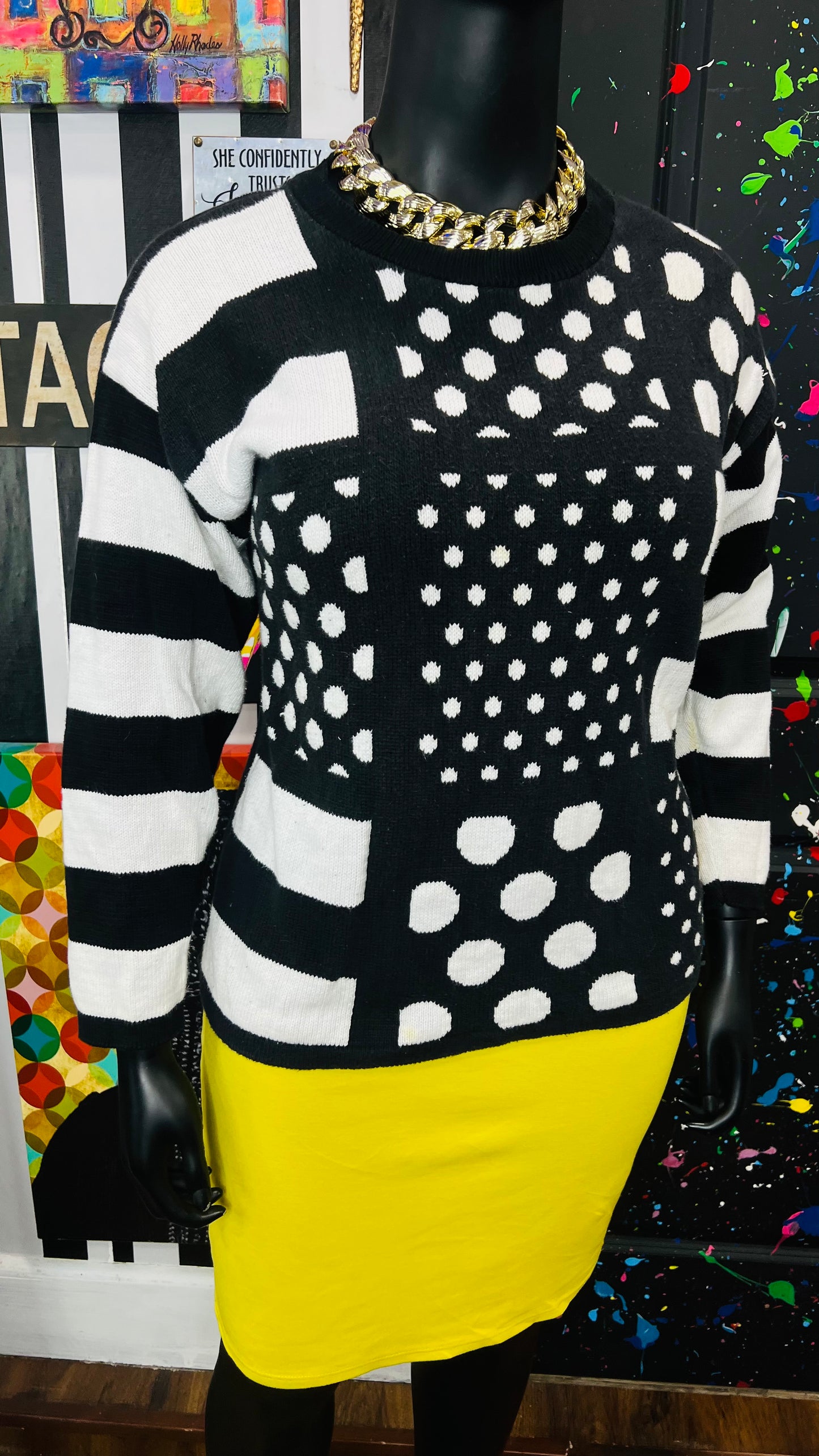 Vintage Black & White Polka Dot & Stripes Sweater (16)