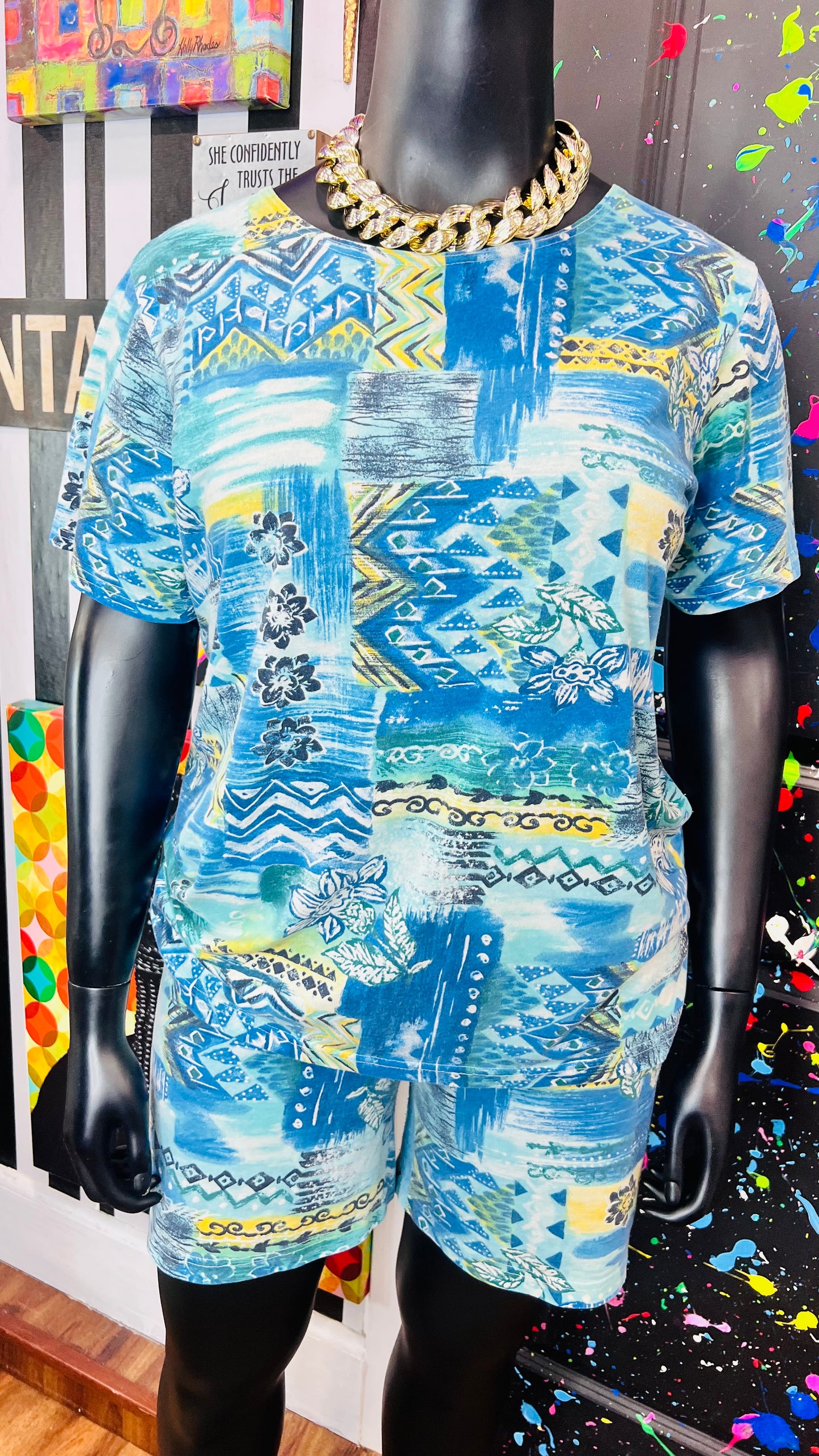 Vintage Cotton Blue Abstract Short Set (18)