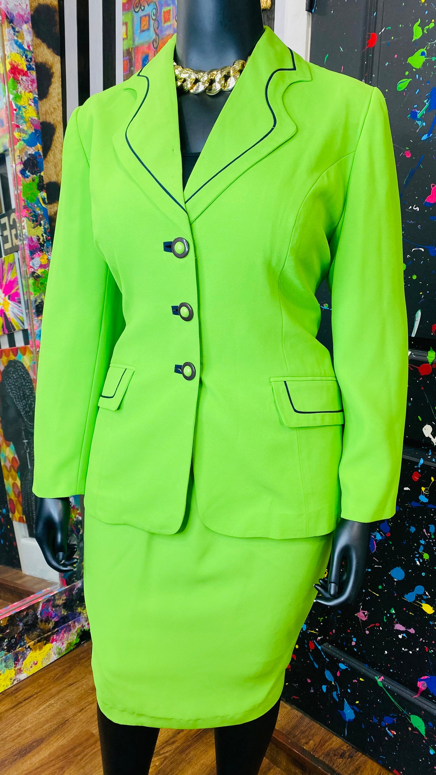 Vintage Green & Navy Blue Trim Skirt Suit (14W)