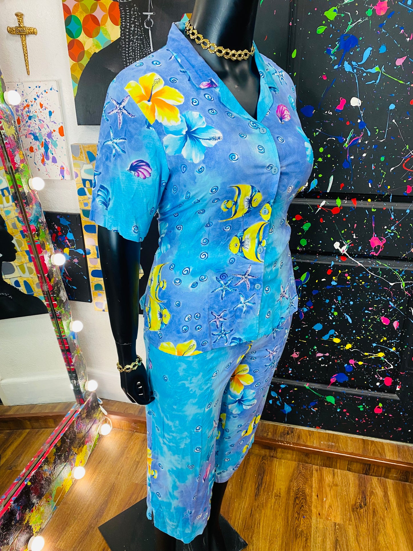 Vintage 2pc  Aqua & Studded Gauchos Set