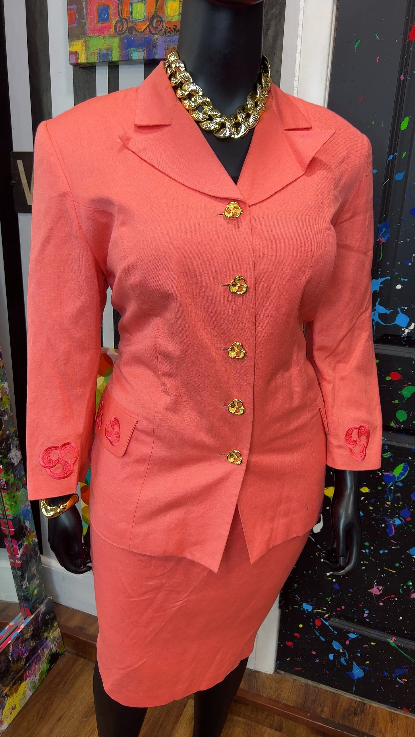 Vintage Salmon Skirt Suit w/ Gold Buttons (14)