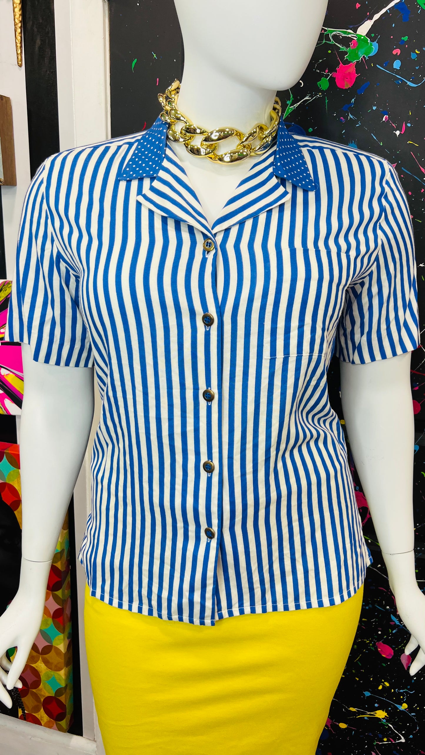Vintage Blue & White Striped Polka Dot Blouse (14)
