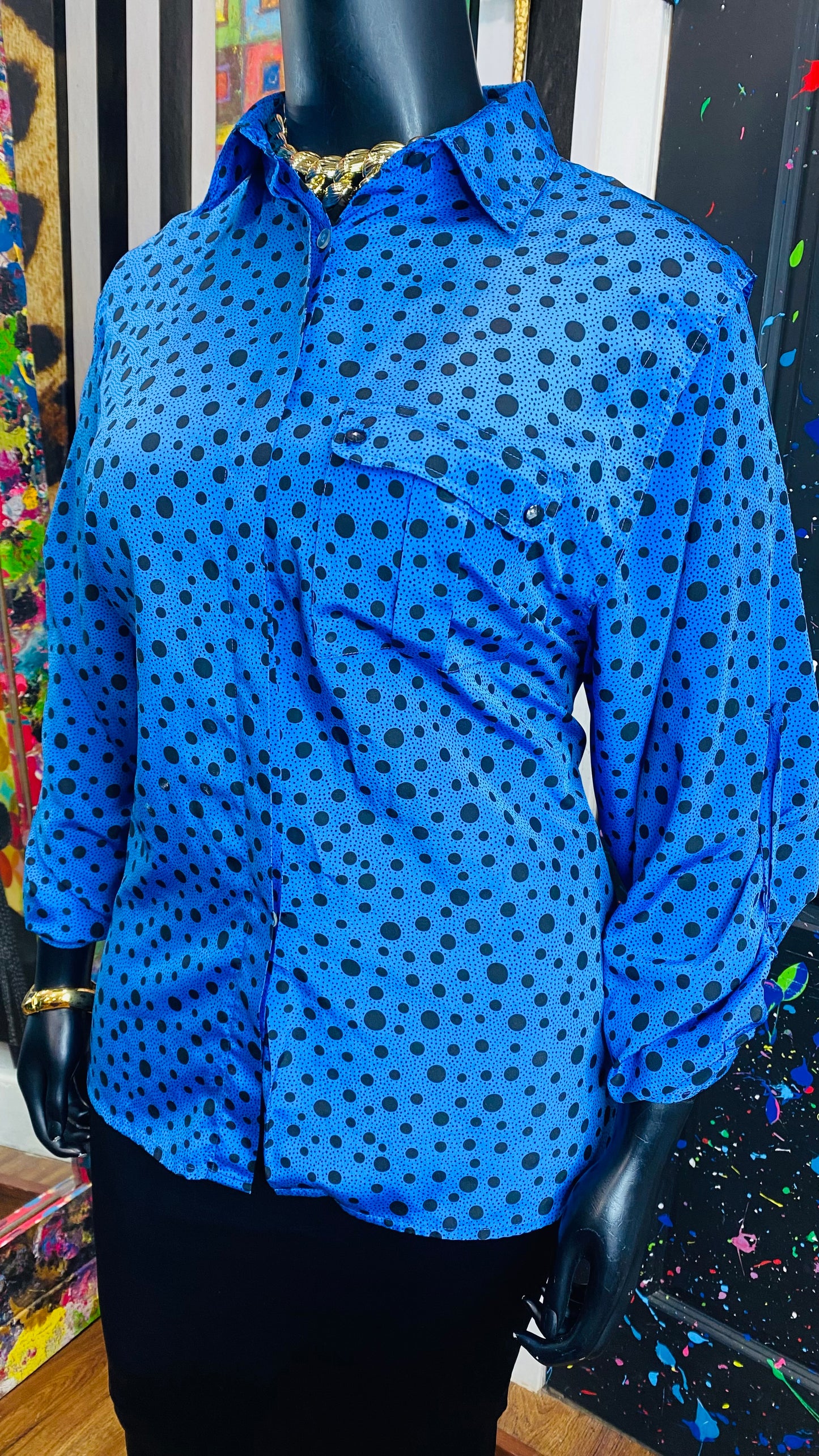 Vintage Polka Dot Blue & Black Blouse (20W)