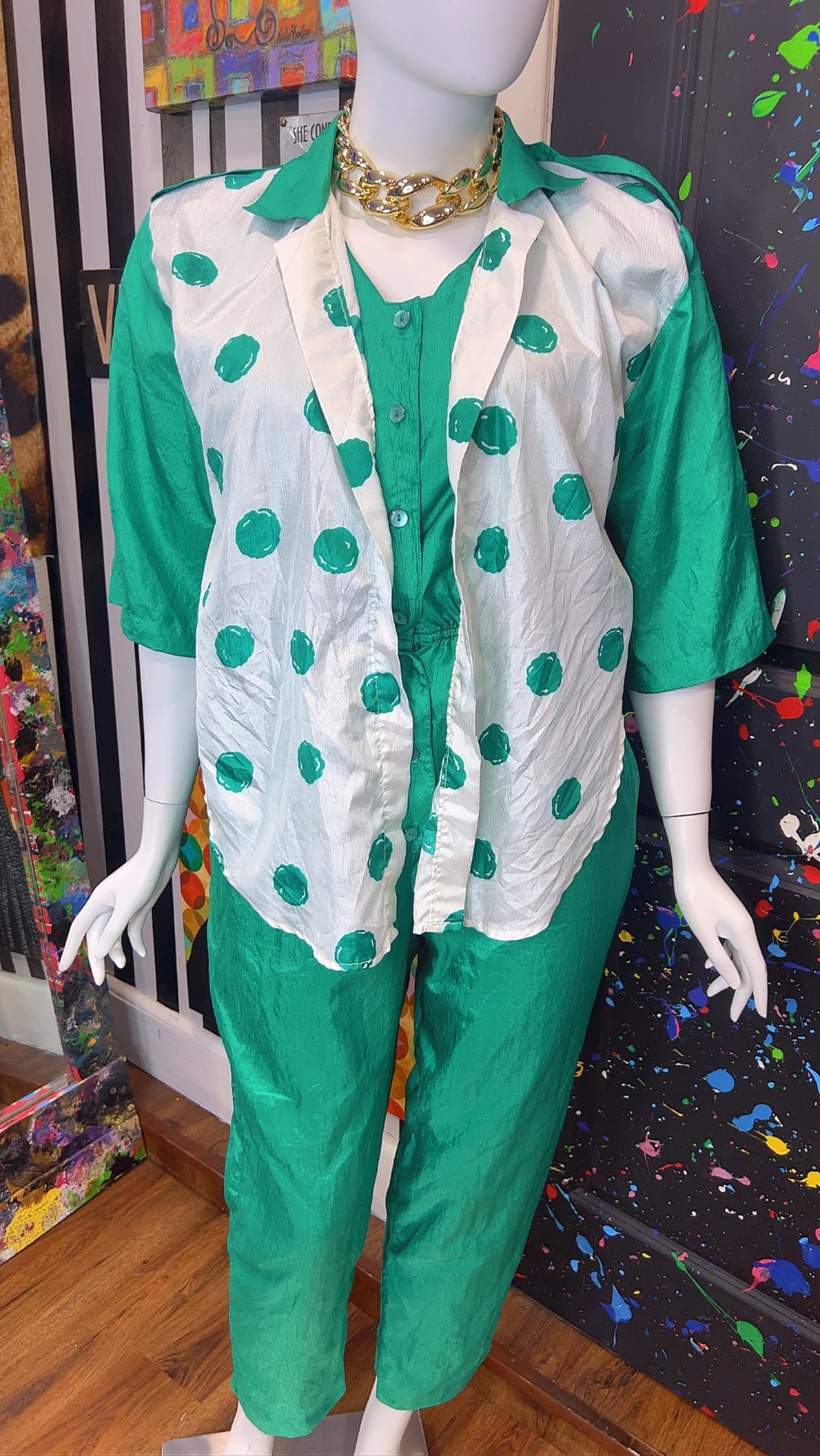 Vintage Green Jumpsuit w/ White & Green Polka Dots (14W)