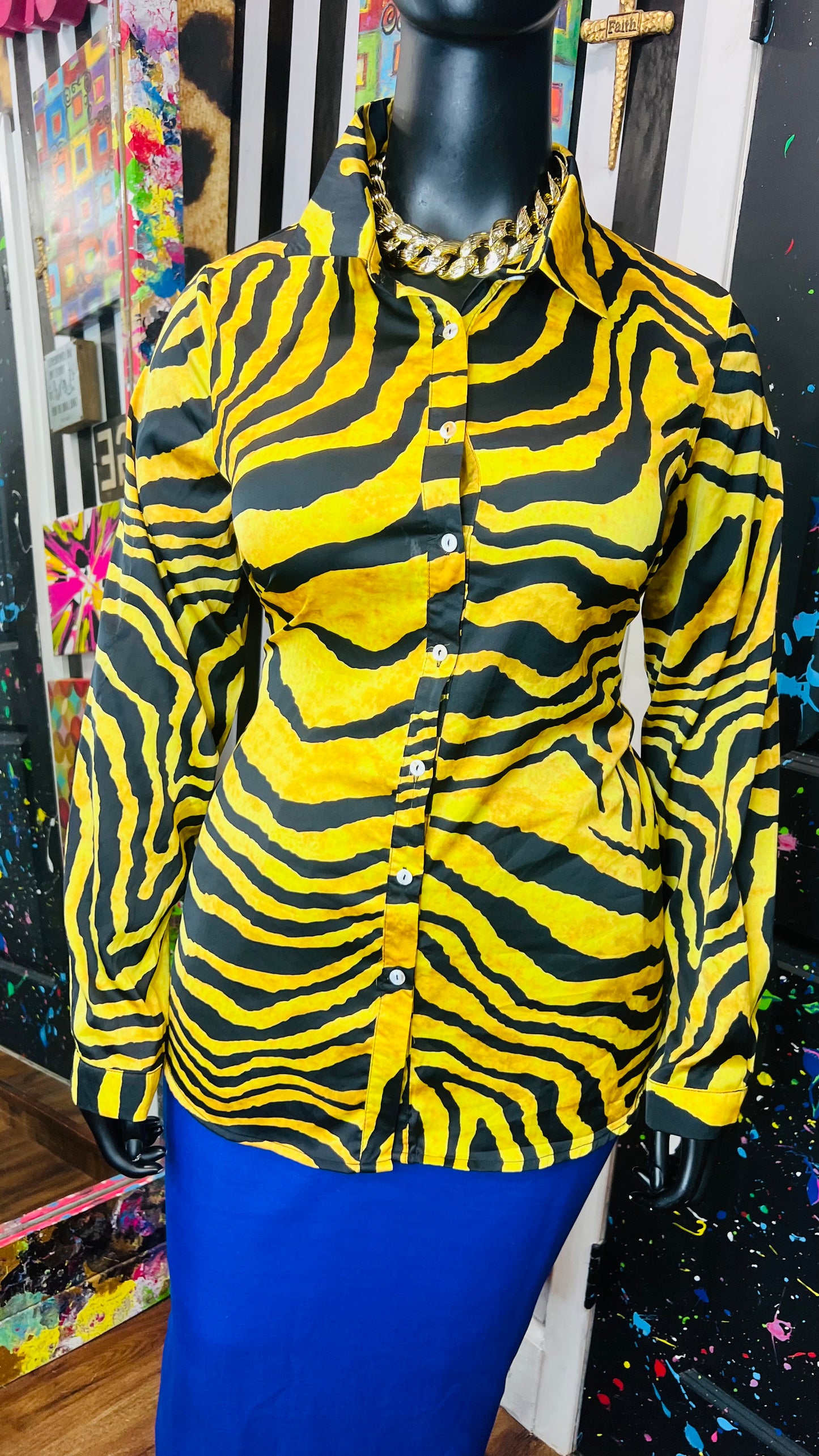 Gold Tiger Print Blouse Long Sleeve Blouse (20)