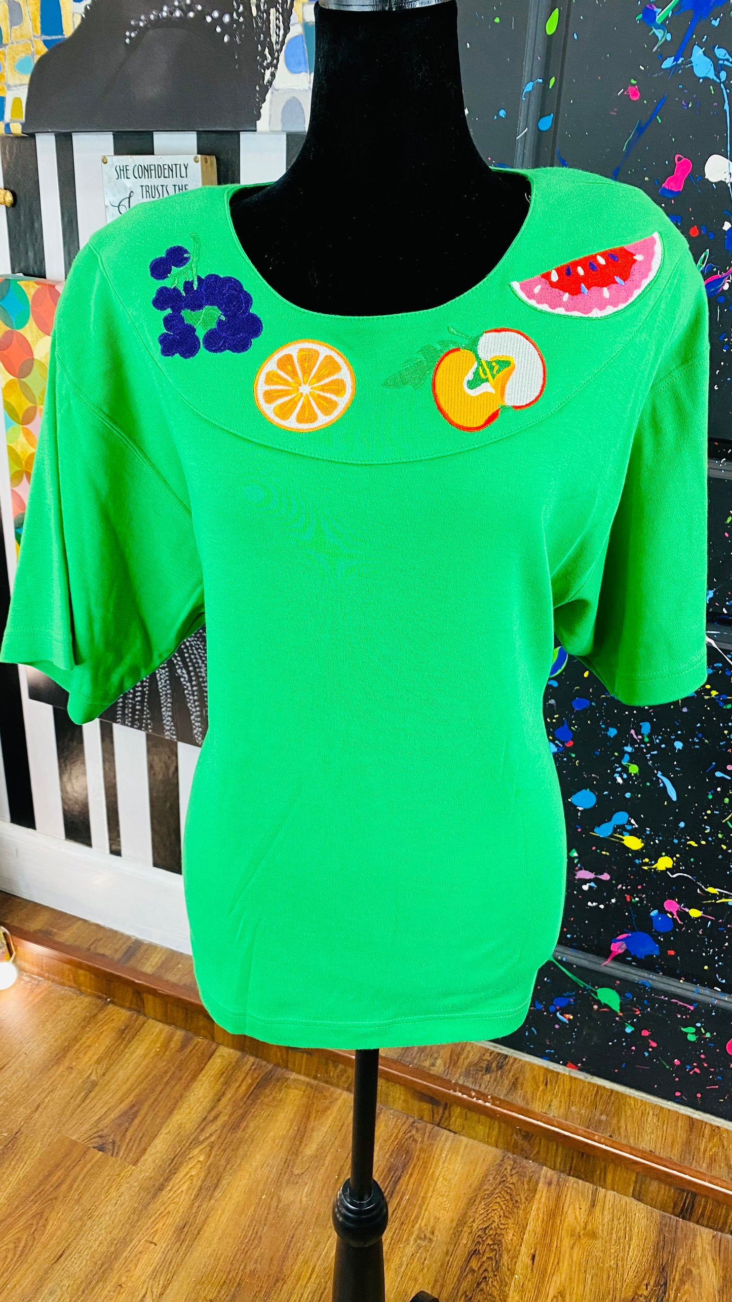 Vintage Green Fruit Print Short Sleeve Blouse