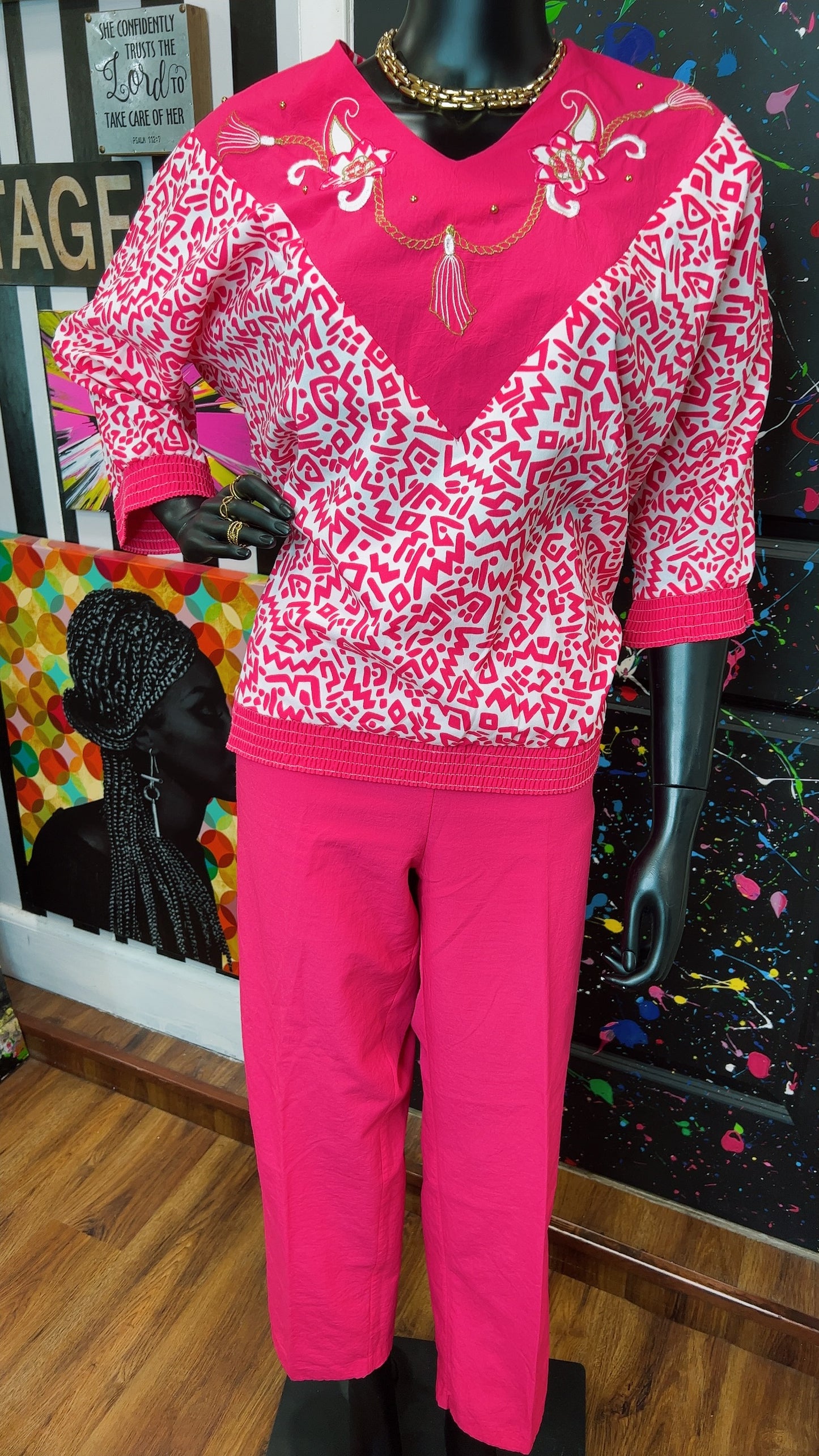 Vintage Pink & White Bonnie Pants Set (12/14)