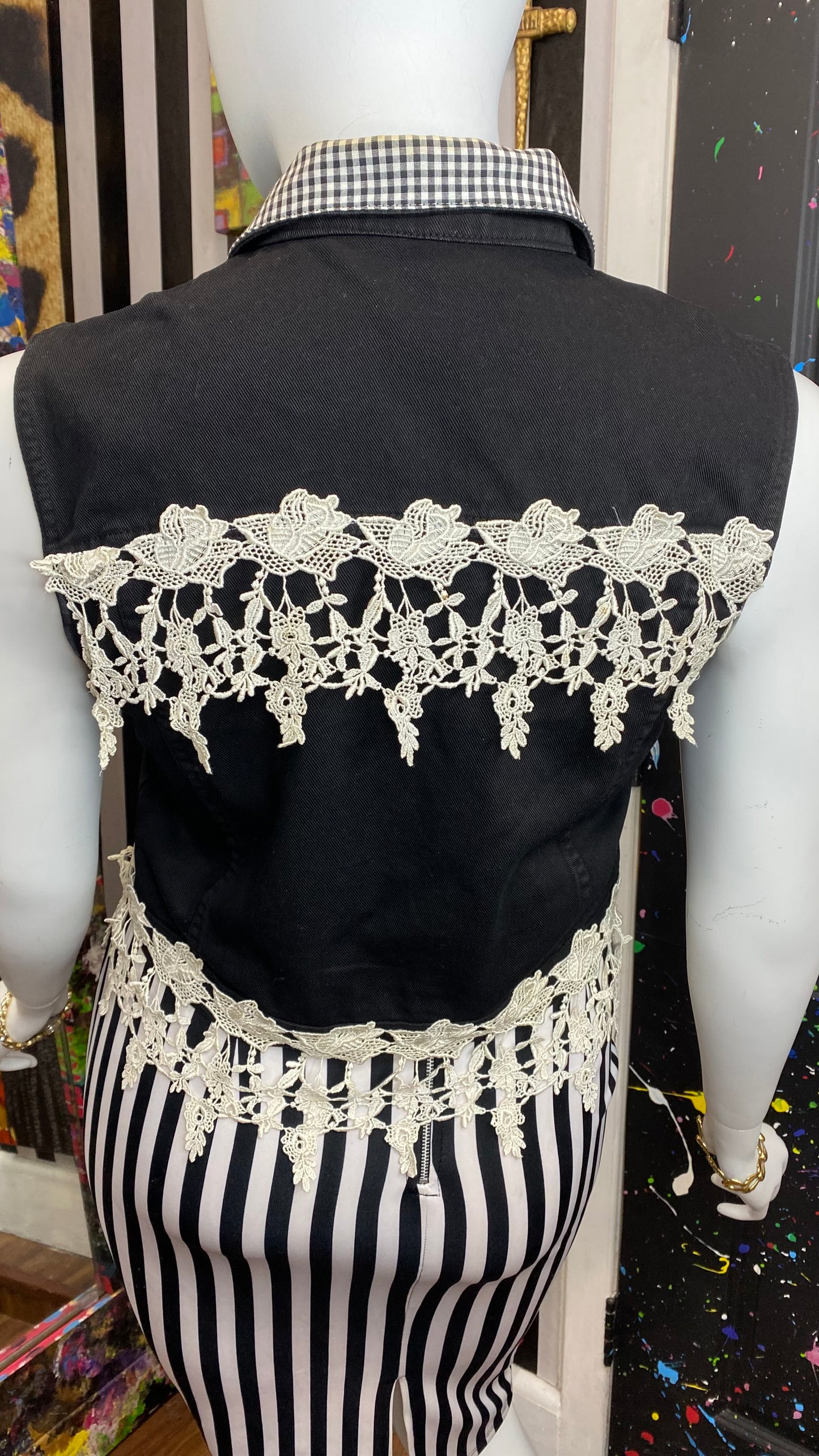 Vintage Black & White Denim & Lace Vest (14)