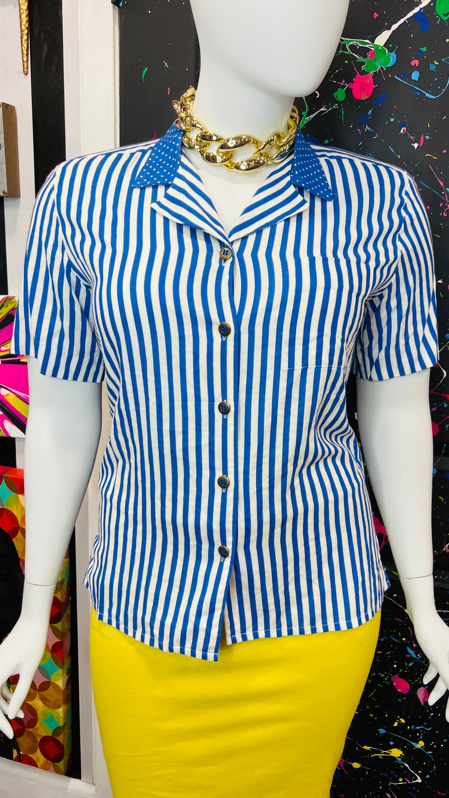 Vintage Blue & White Striped Polka Dot Blouse (14)