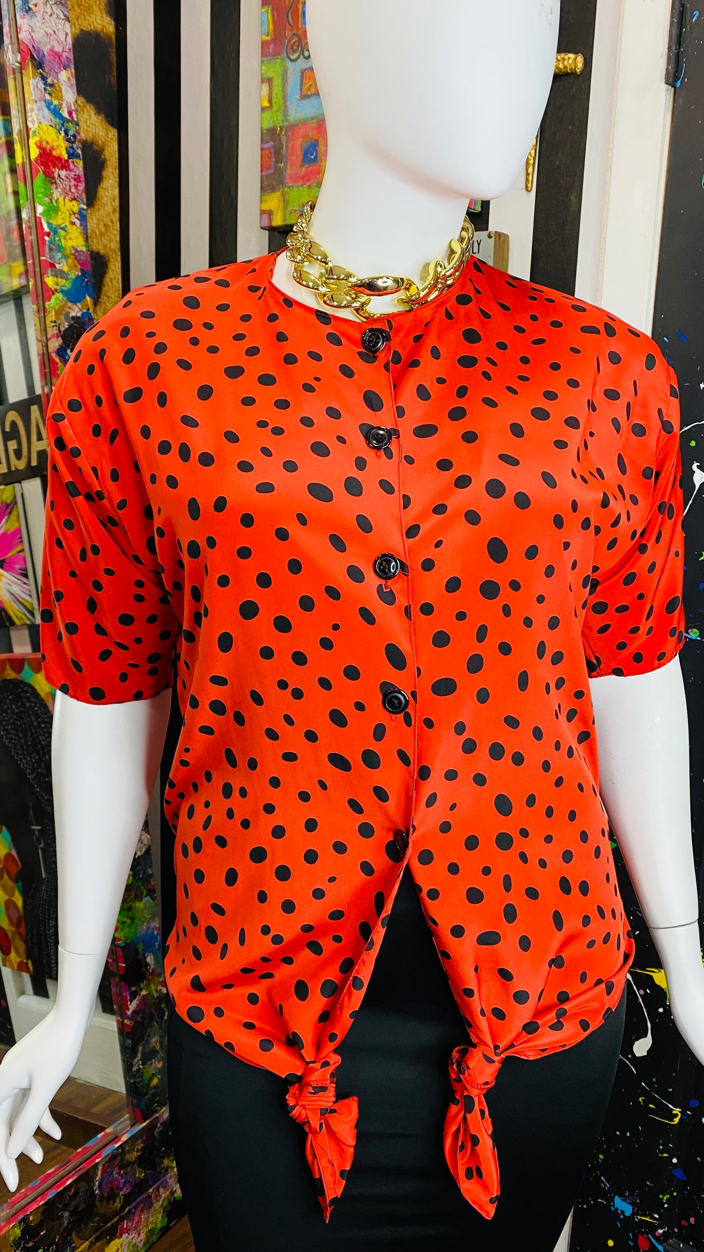 Vintage Tie Front Red & Black Polka Dot Blouse (18)
