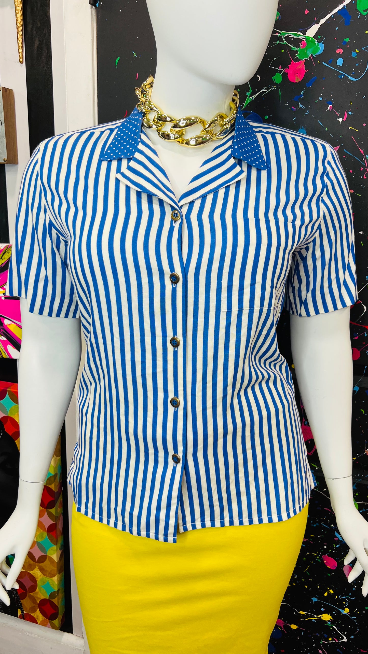 Vintage Blue & White Striped Polka Dot Blouse (14)