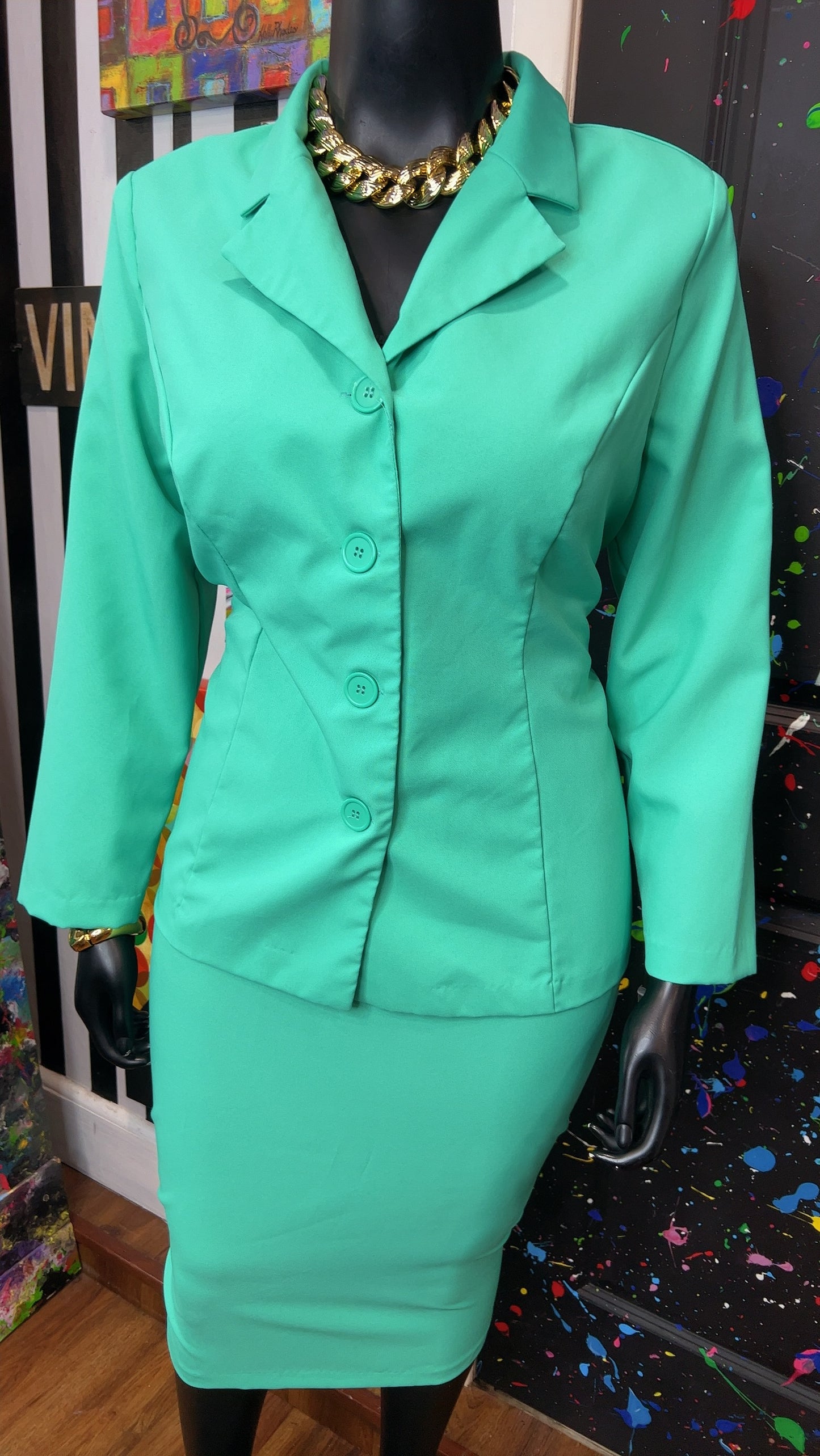 Vintage Teal Skirt & Blazer Suit (20W)