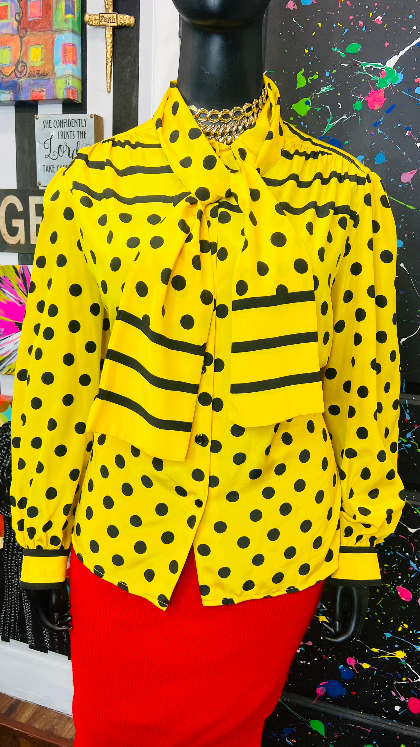 Vintage Yellow Stripes & Polka Dot Blouse (24W)