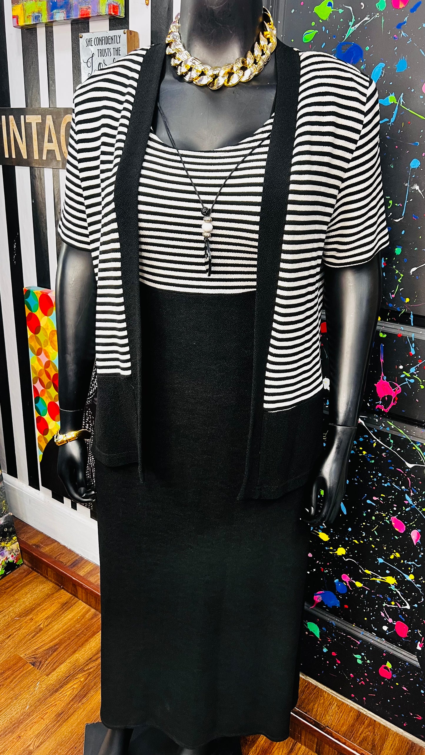 Vintage Black & White Striped Dress Set - Stretchy & Comfy (14)