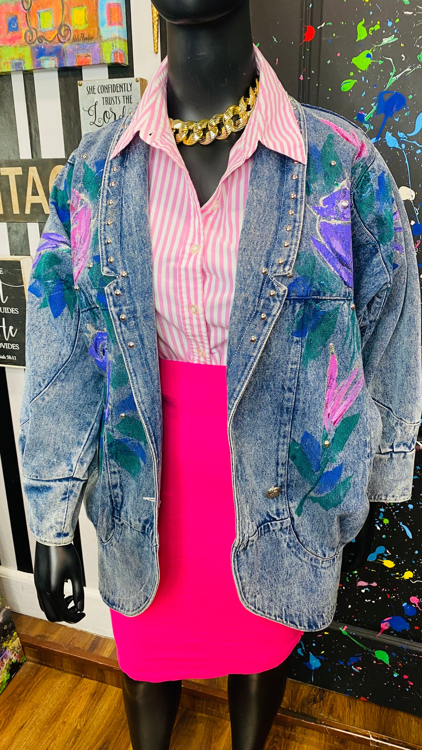 Plus size Vintage Stone Wash Hand Painted Denim Jacket (14)