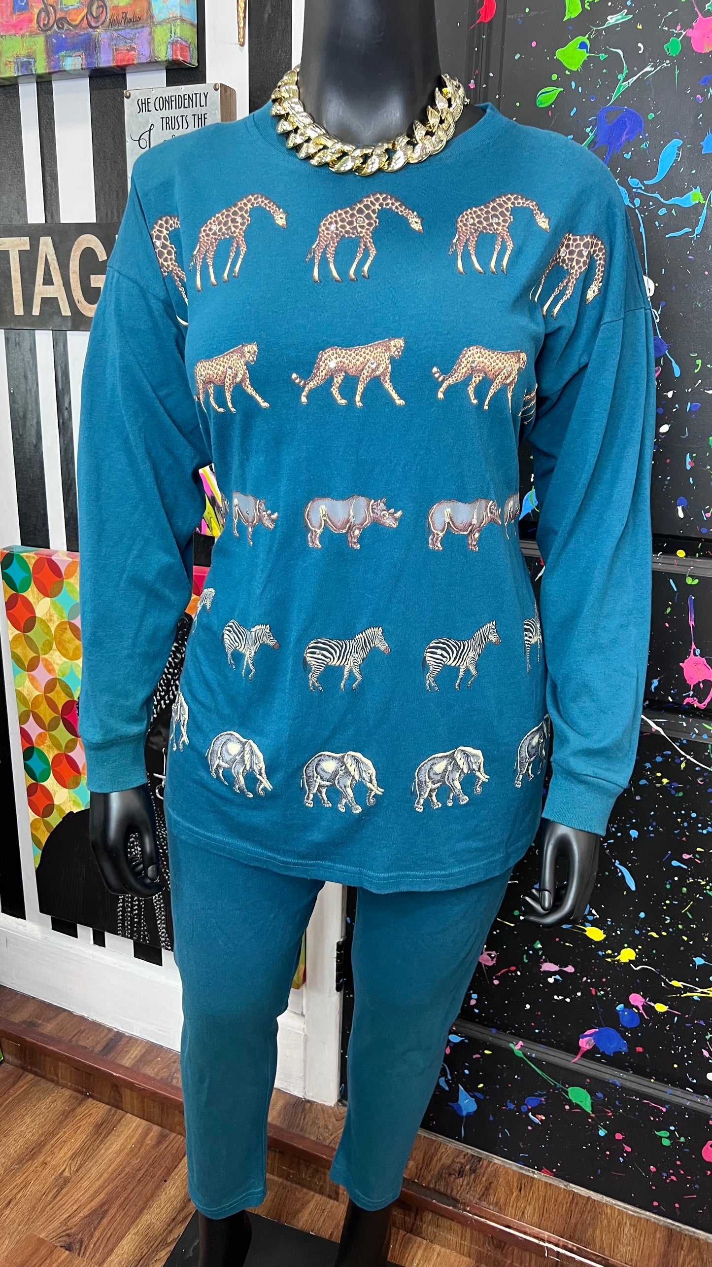 Vintage Cotton Animal Print & Jewel Top Pants Set