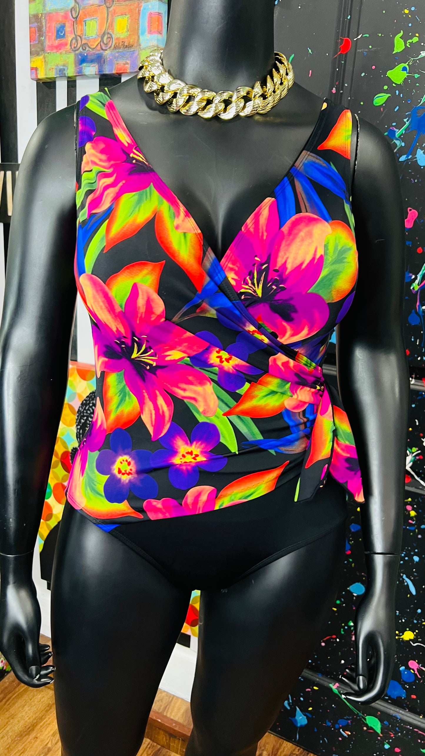 Vintage Black & Floral Neon Swimsuit (12)