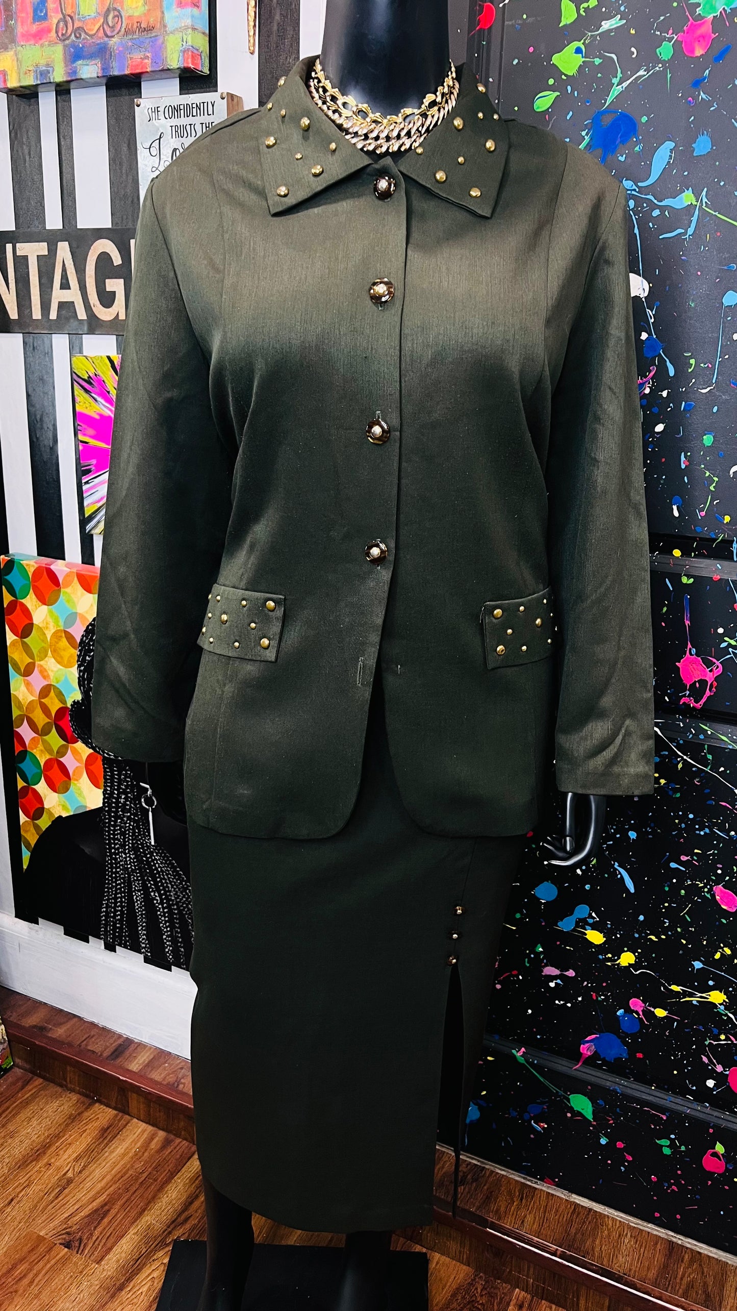 Vintage Army Green Studded Skirt Set (24W)