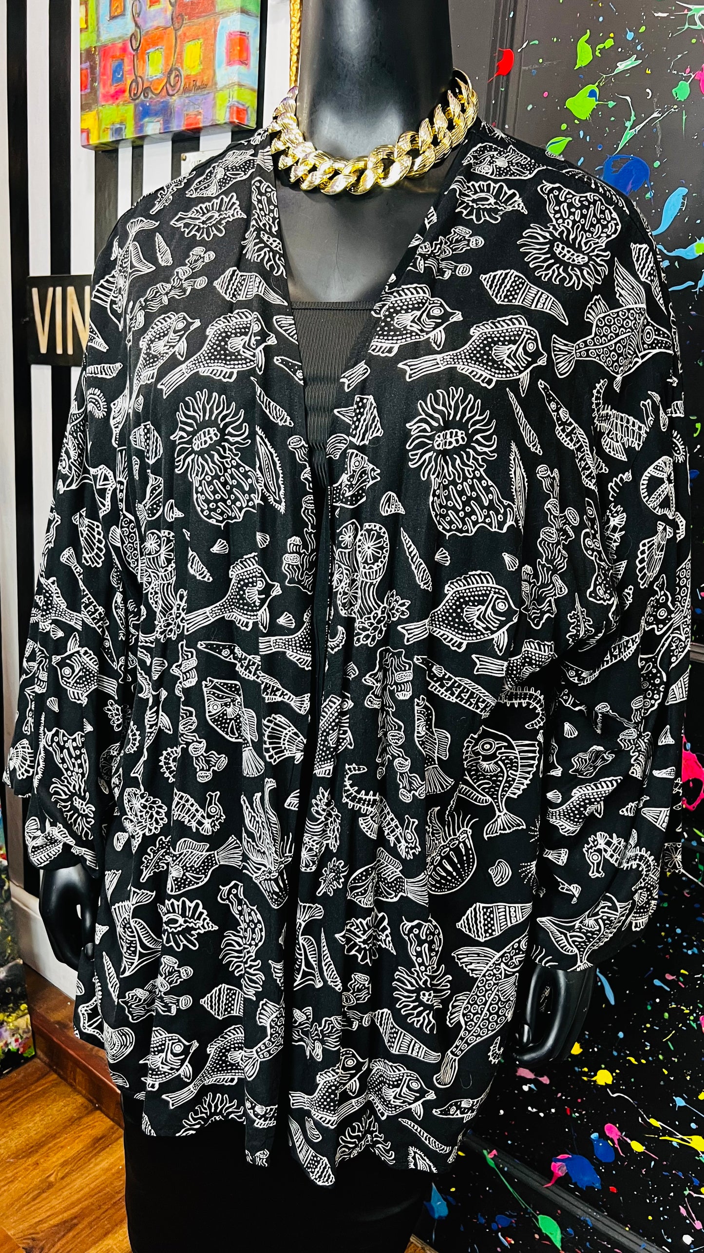 Vintage Fish Black & White Rayon Duster (OS)