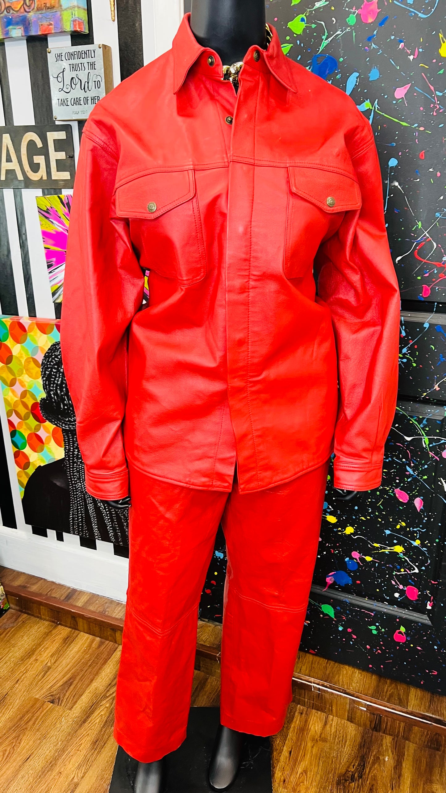Vintage Red Genuine Leather Pants Set (16/18)