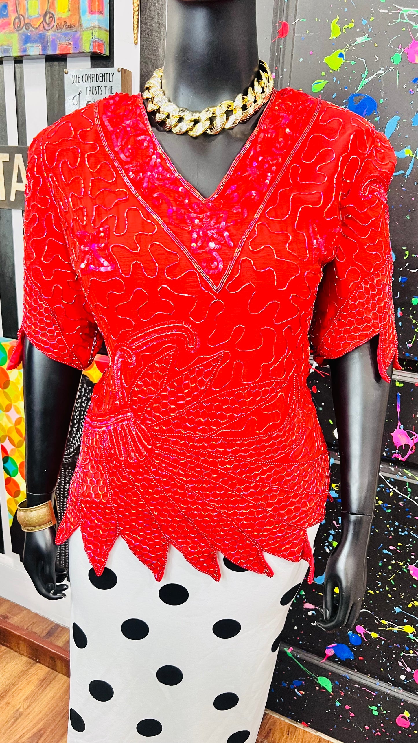 Vintage 100% Silk Red Sequin Blouse (24)