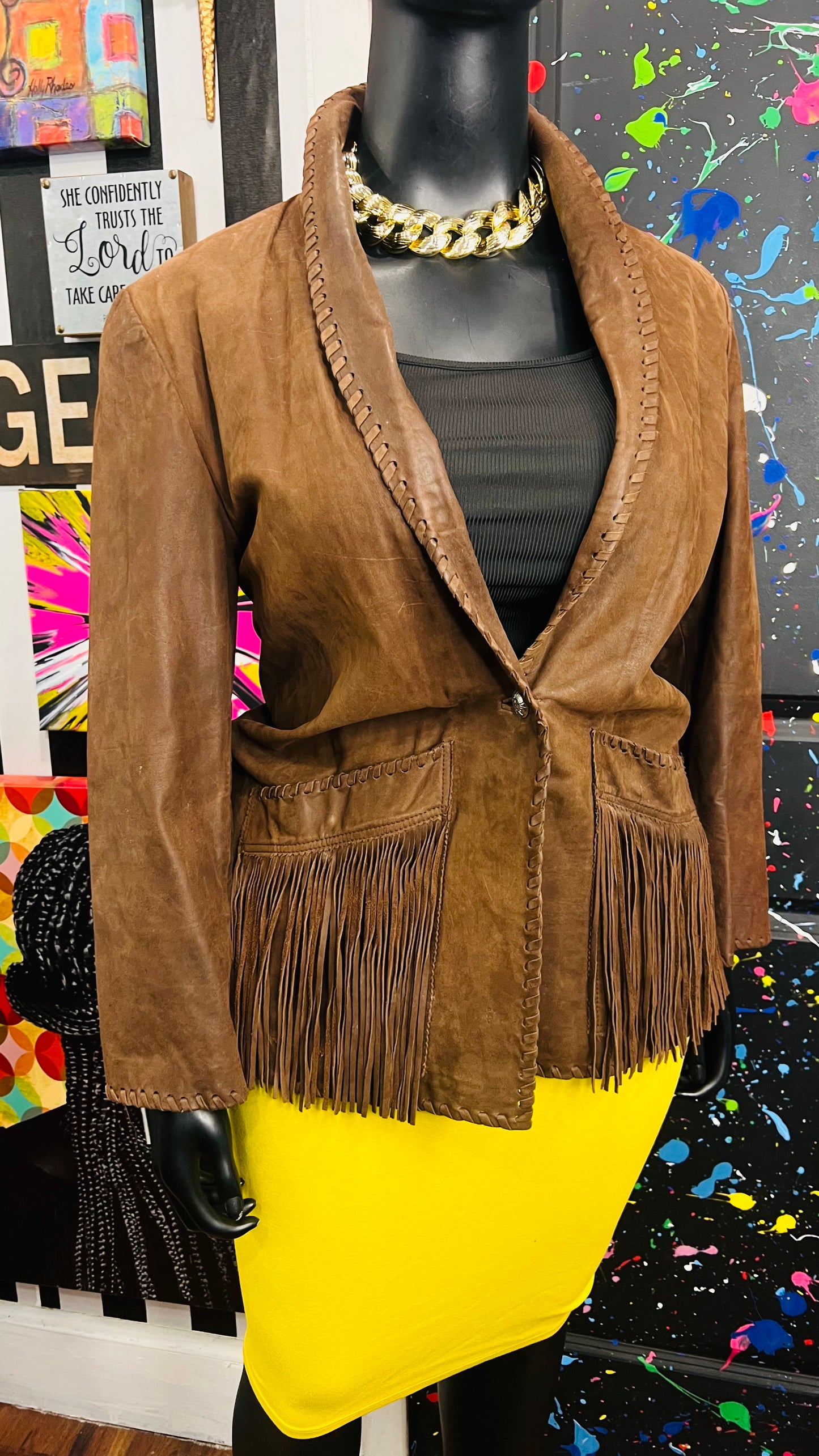 Vintage Genuine Leather Brown Fringe Blazer (18)