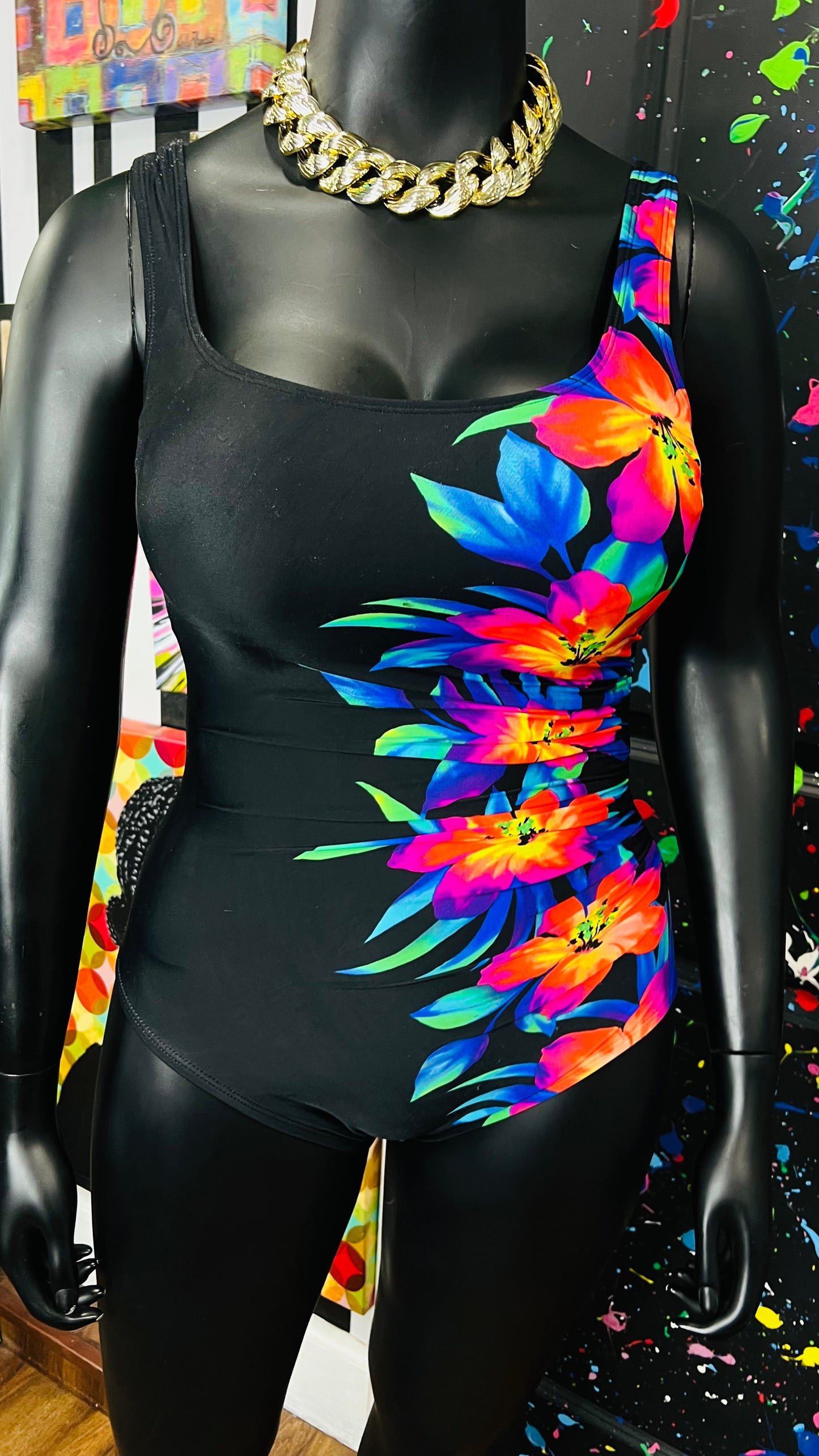 Vintage Floral Neon & Black Swimsuit (12)