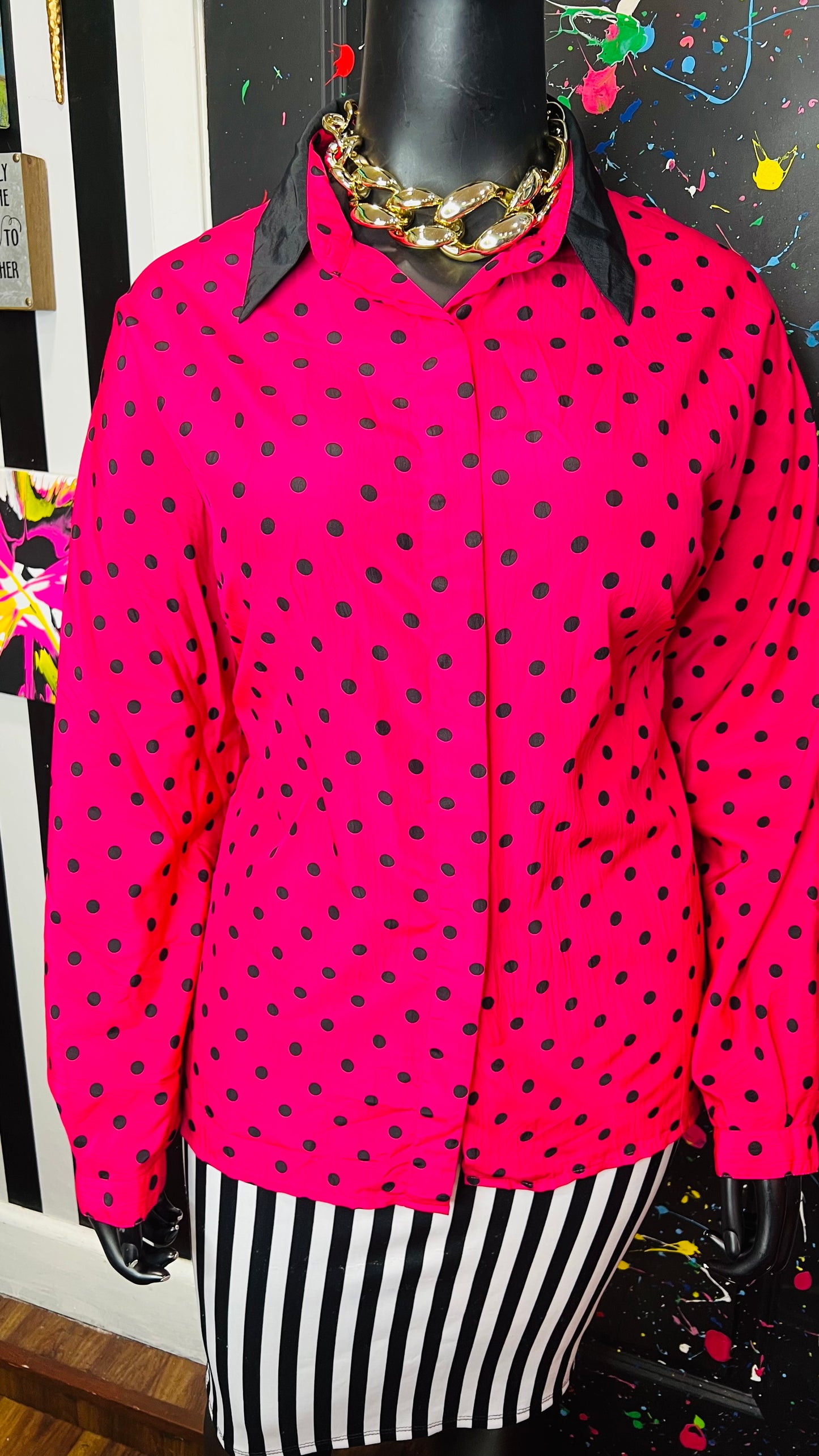Vintage Pink & Black Polka Dot Blouse (22W)