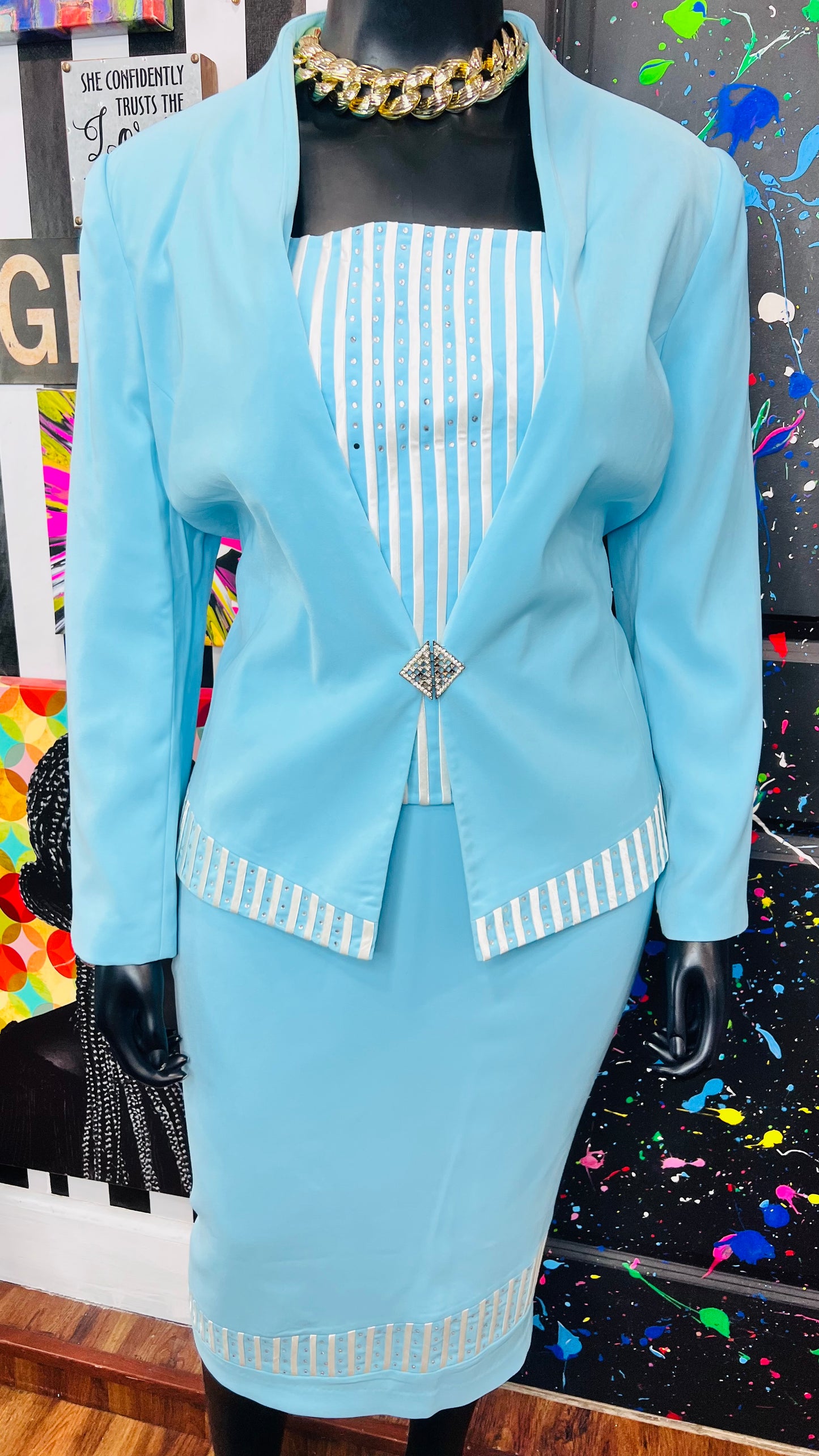 Vintage Blue & White Skirt Suit (18)