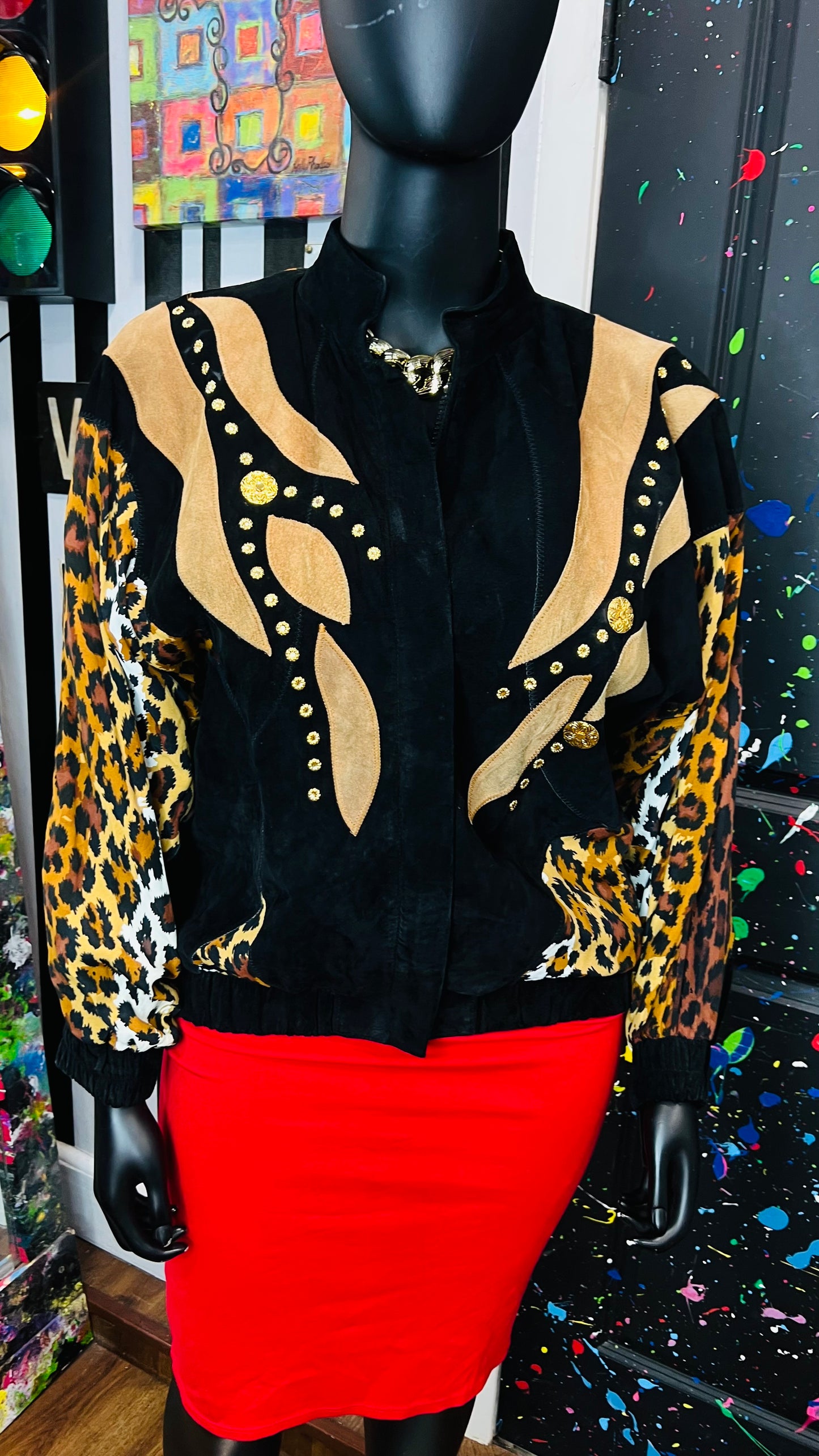 Vintage Genuine Suede Leather & Rayon Studded Animal Print Jacket (16/18)