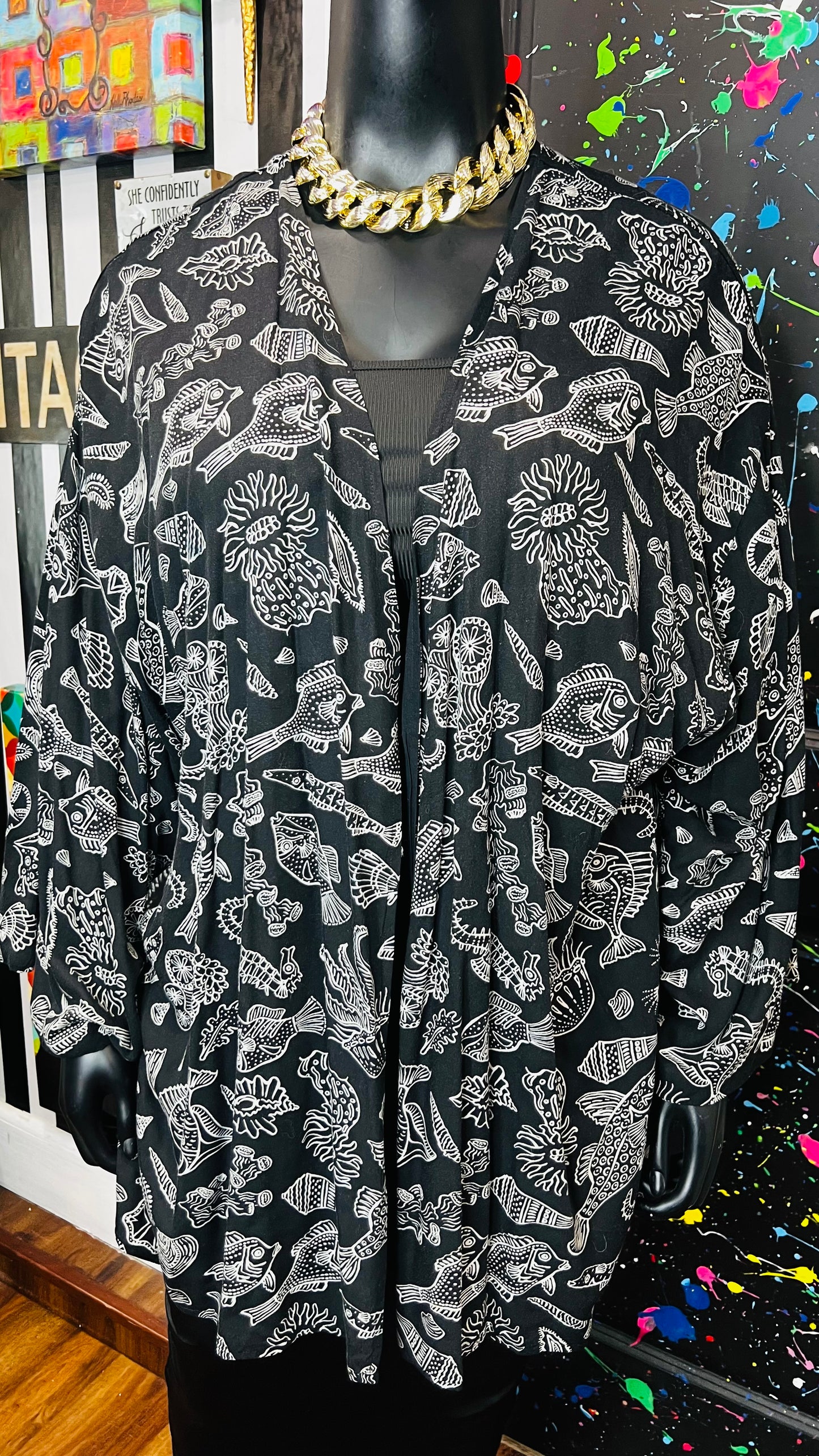 Vintage Fish Black & White Rayon Duster (OS)