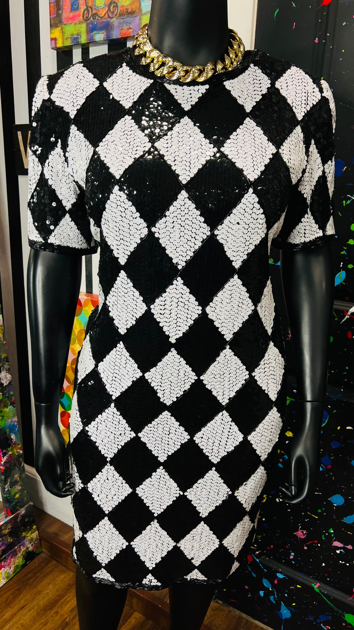 Vintage Black & White 100% Silk Sequin Dress (14)