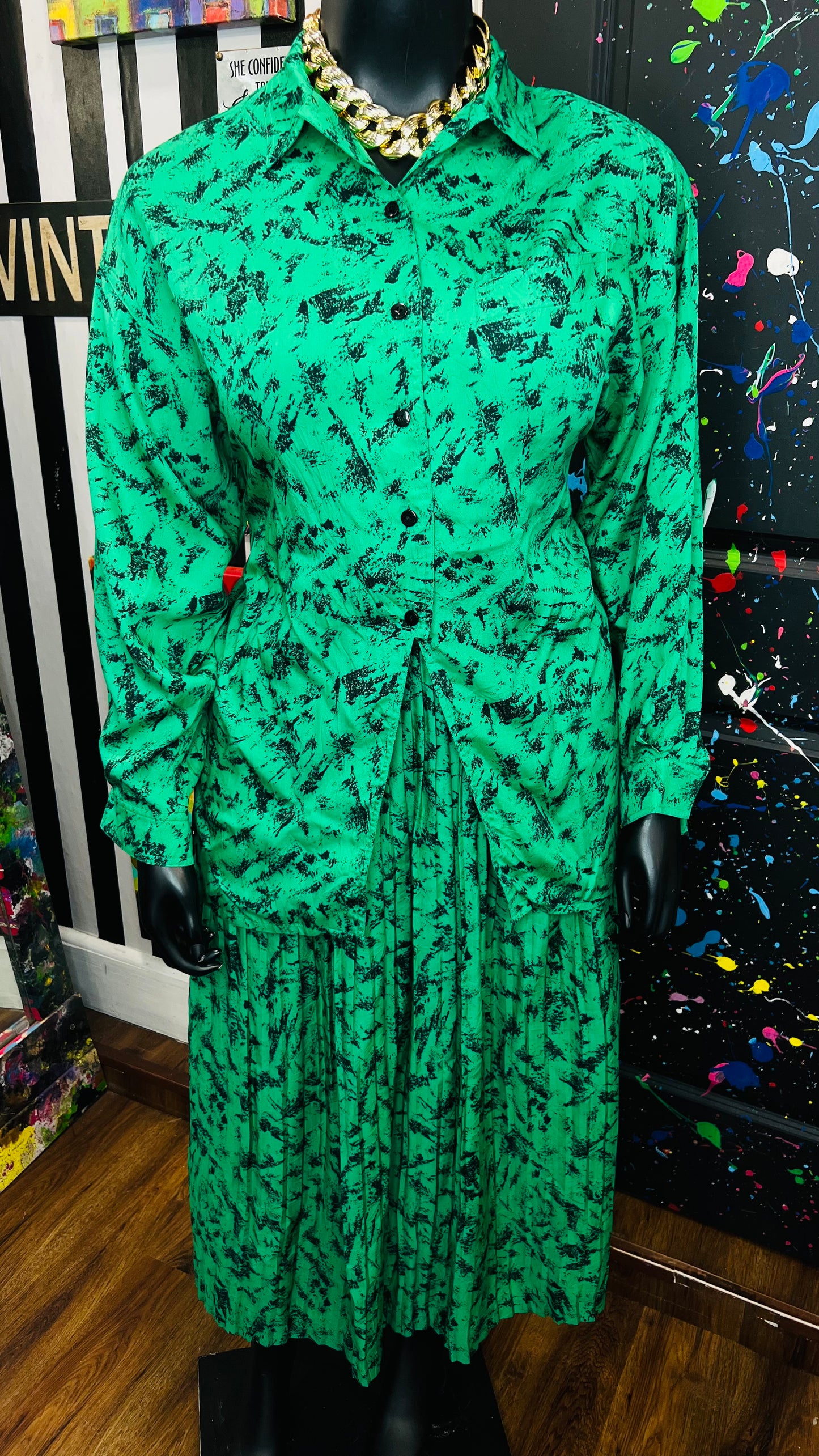 Vintage Green & Black Abstract Skirt Set (16/18)