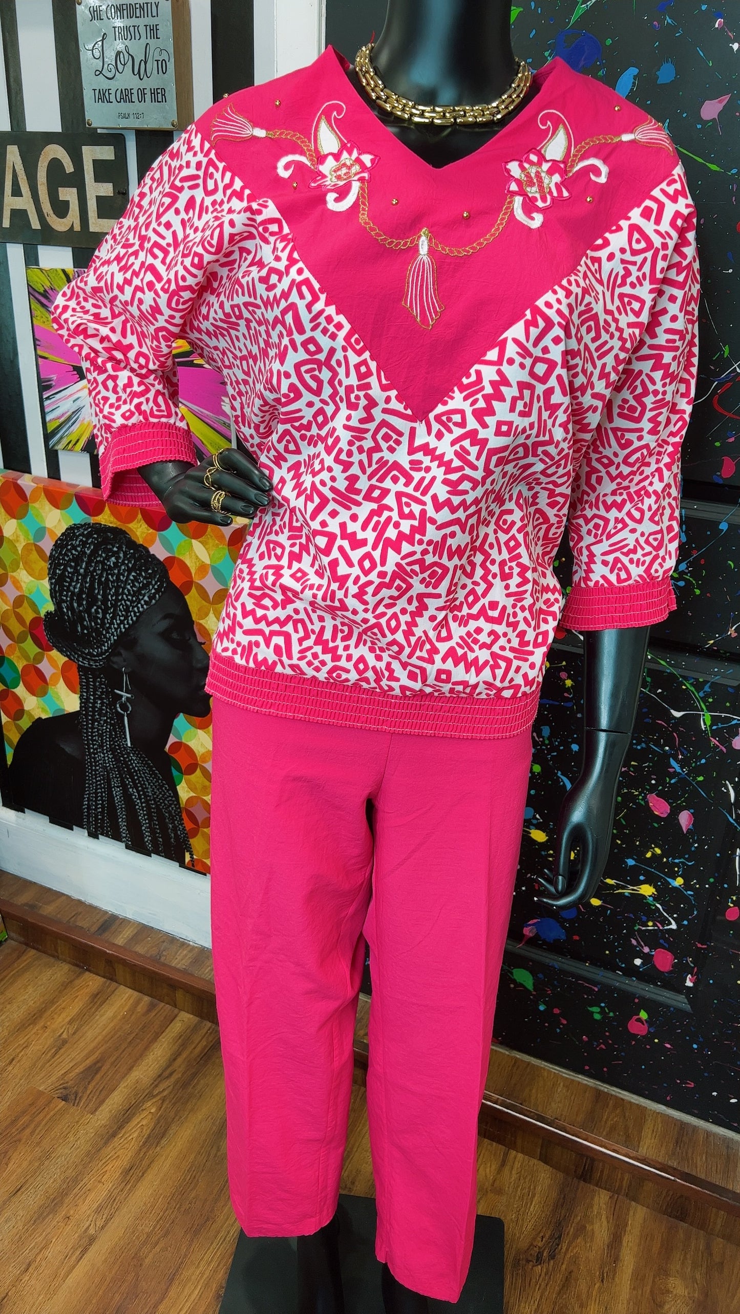 Vintage Pink & White Bonnie Pants Set (12/14)