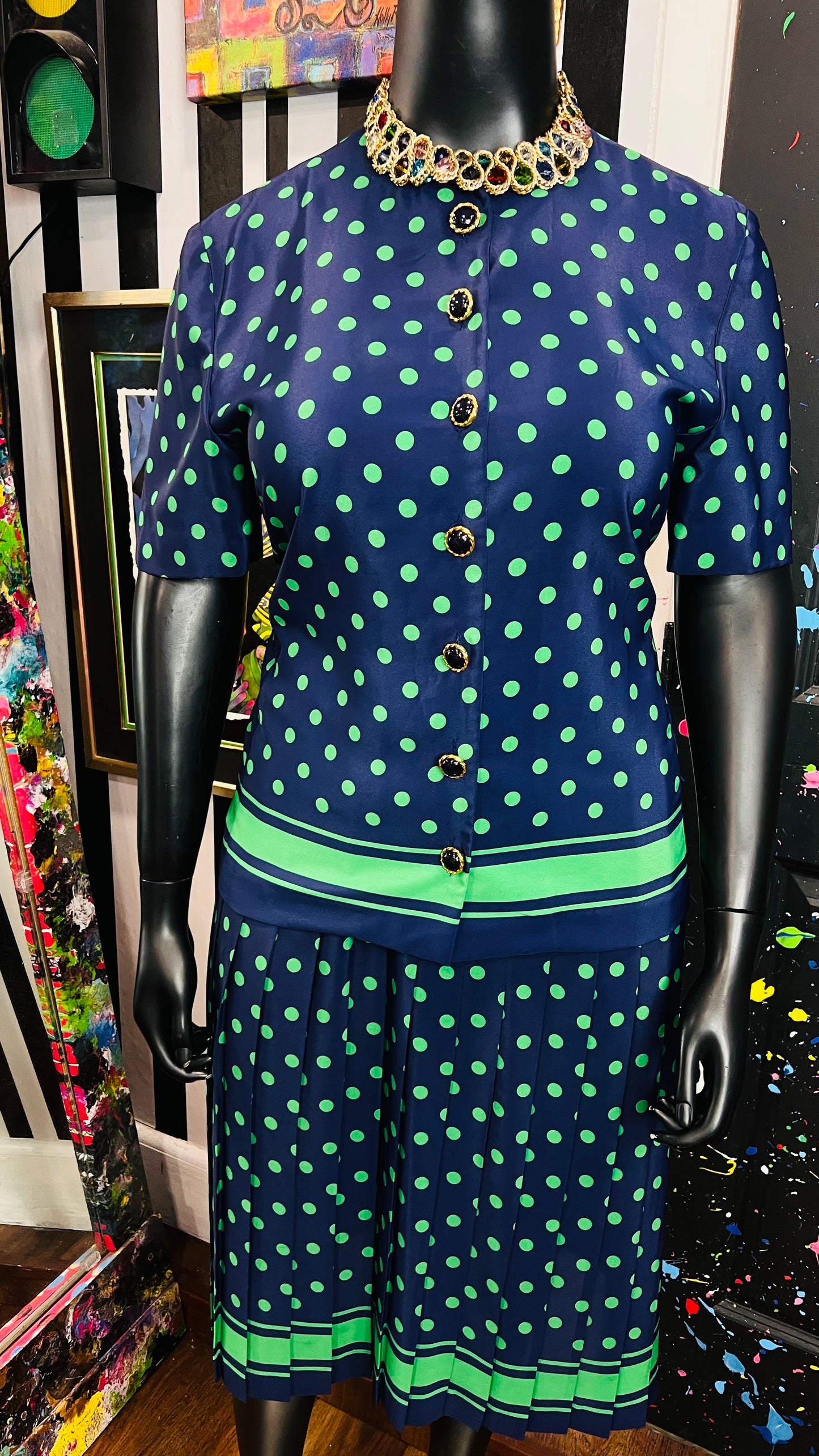 Vintage Navy Blue Green Polka & Stripes Skirt Set (14)
